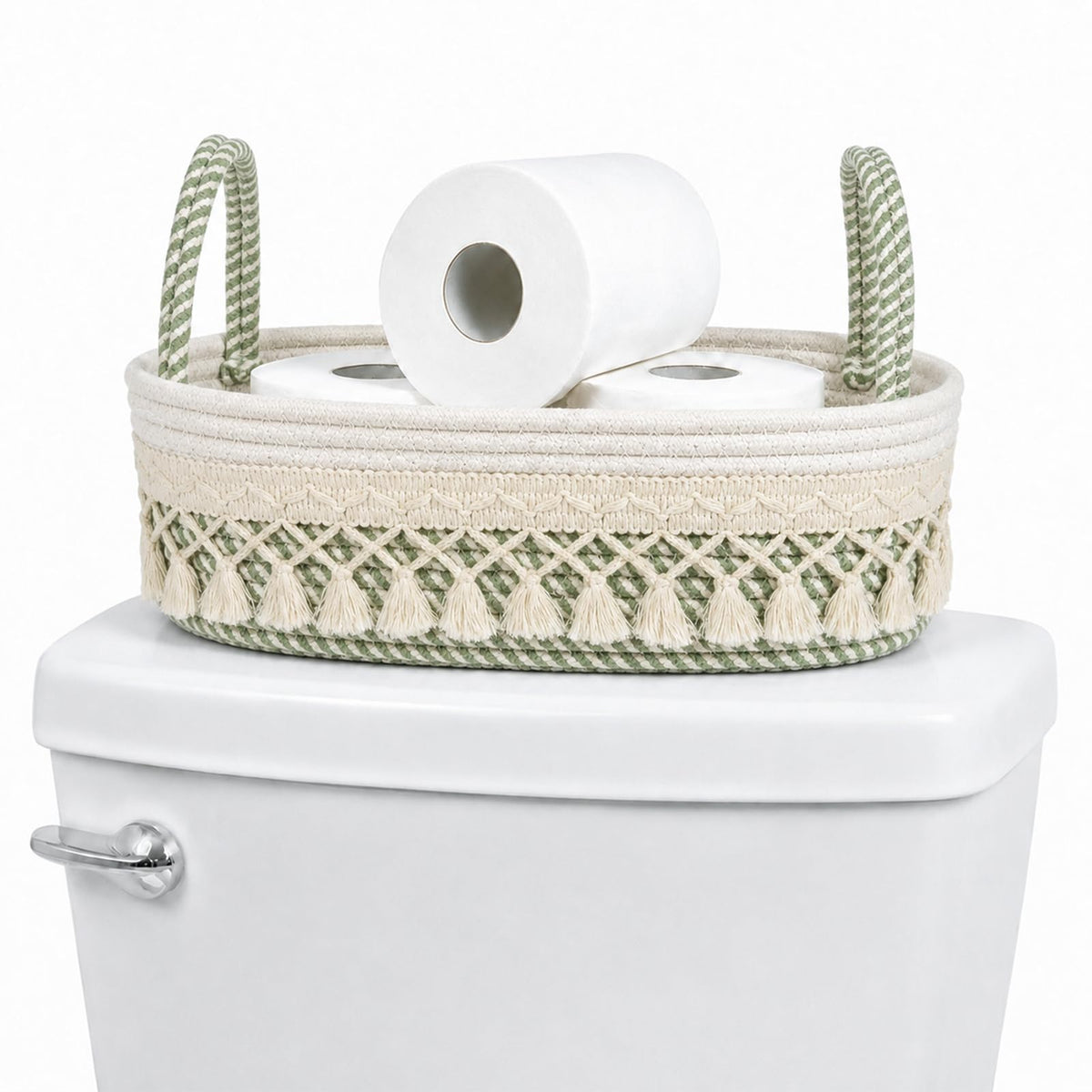 Sanwarm Woven Rope Storage Basket, Sage with White Tassel Bathroom Decor