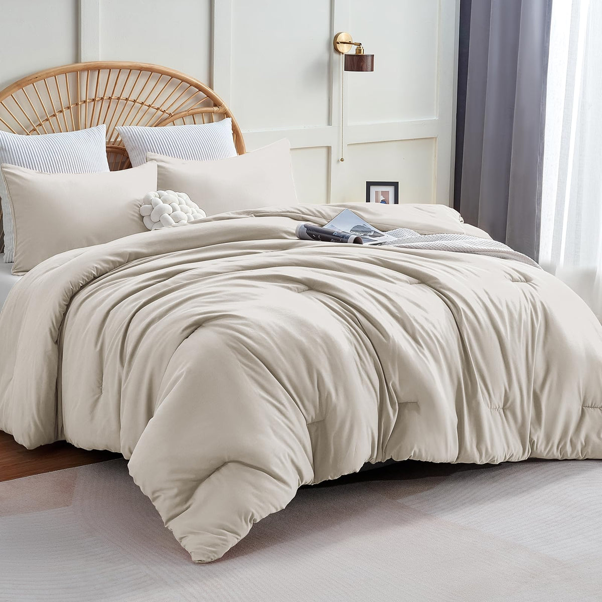 Cozylux Beige Comforter Set Twin/Twin Xl Size, 2 Pieces Twin Extra Long Boho Solid Breathable Quilted Style Bedding Sets, Luxury Fluffy Soft Microfiber Comforter All Season(1 Comforter & 1 Pillowcase)