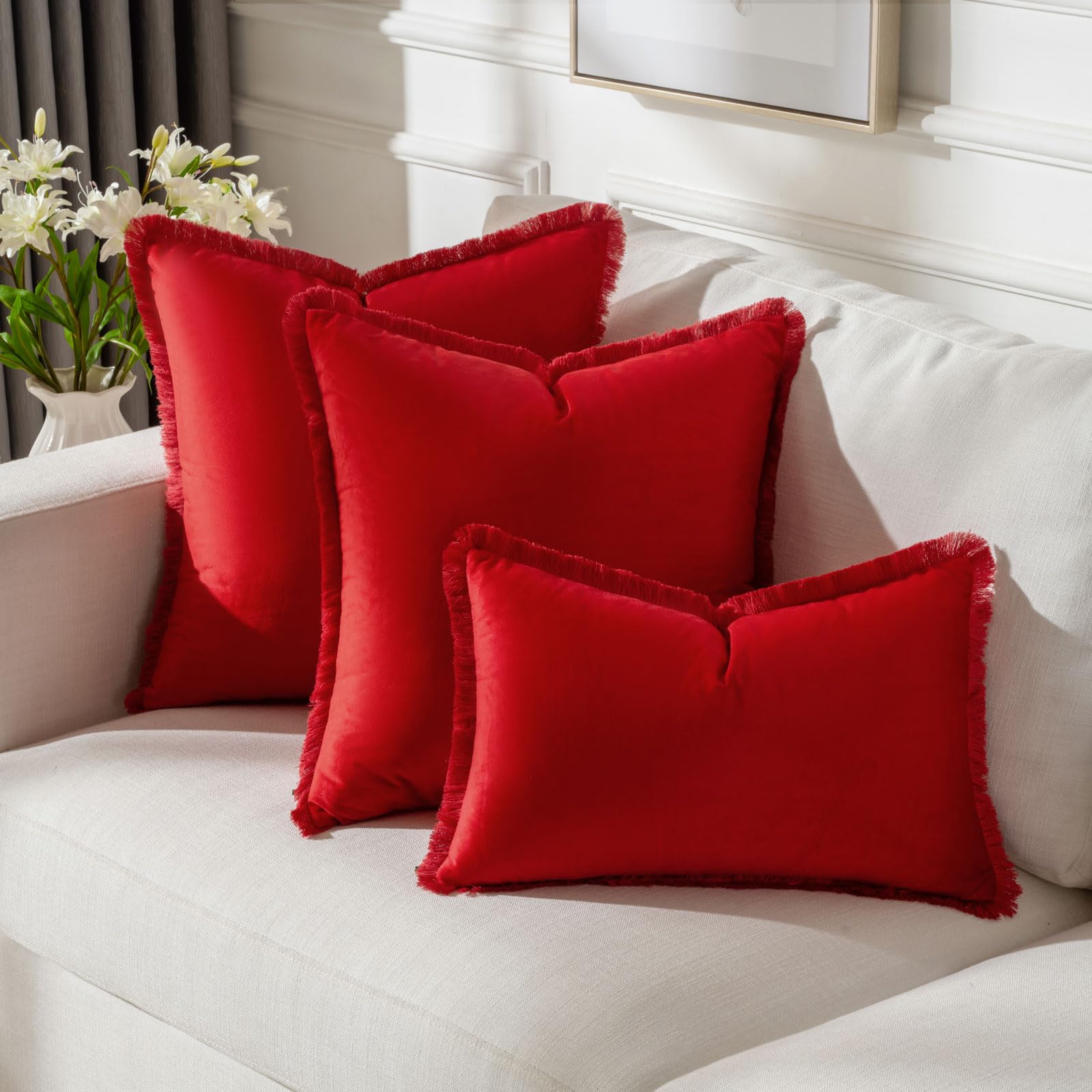 Futei Red Boho Throw Pillow Covers With Tassels 20X20 Inch Set Of 2,Soft Velvet Decorative Cushion Case,Home Decor For Couch Bed