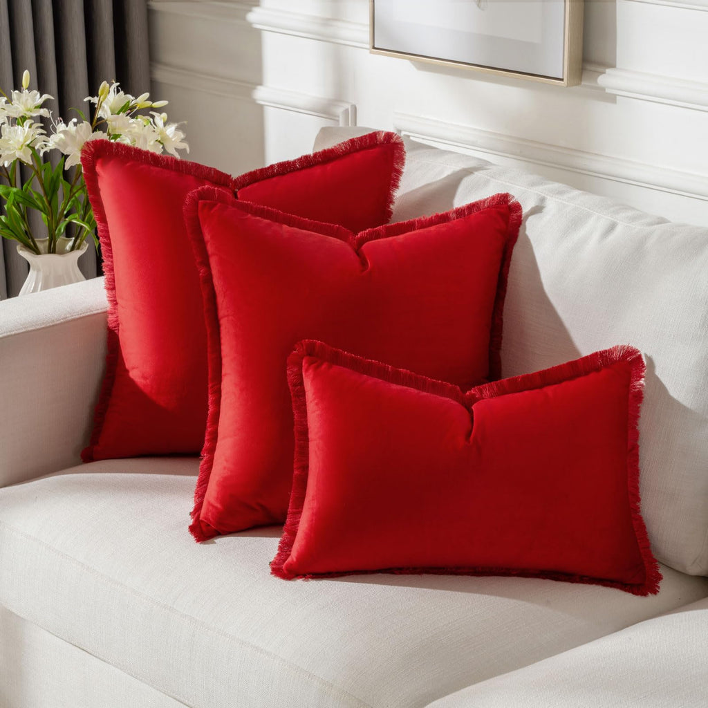 Futei Red Boho Throw Pillow Covers With Tassels 22X22 Inch Set Of 2,Soft Velvet Decorative Cushion Case,Home Decor For Couch Bed