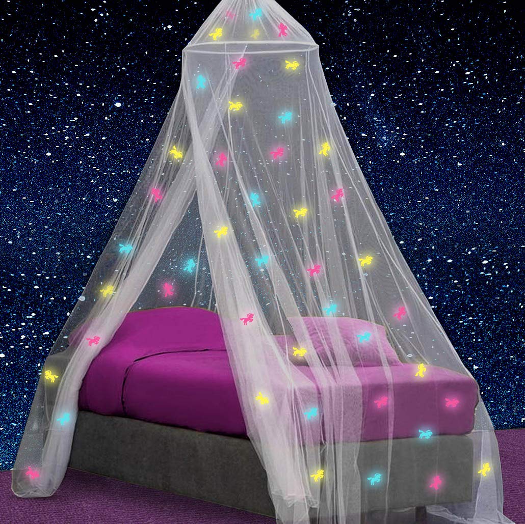 Canopy For Girls Bed With Pre-Glued Glow In The Dark Unicorns - Princess Mosquito Net Room Decor - Kids & Baby Bedroom Tent With