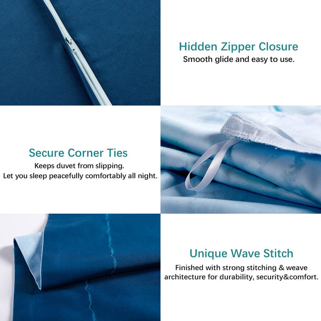 Mildly 100% Long-Staple Cotton Duvet Cover Set Aqua Watercolor Marble Pattern Printed Comforter Cover 3Pcs, Ultra Soft & Breatha