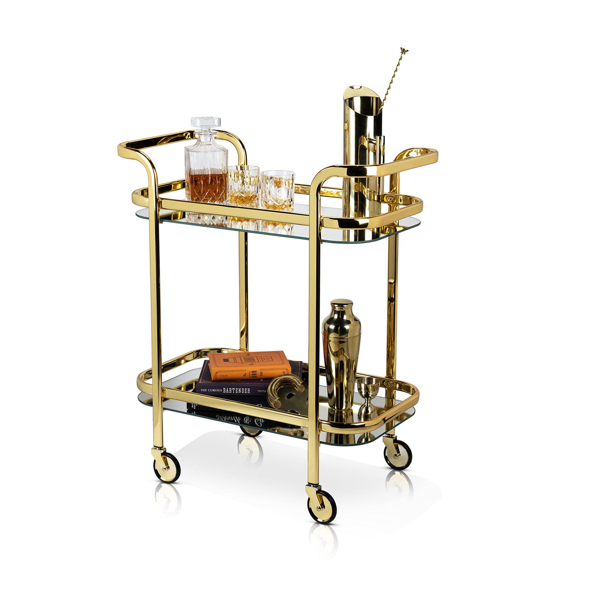Viski Kitchen And Bar Cart With Wheels And Mirror Shelves, Kitchen And Bartending Accessories Holder, Stainless Steel, Gold Fini