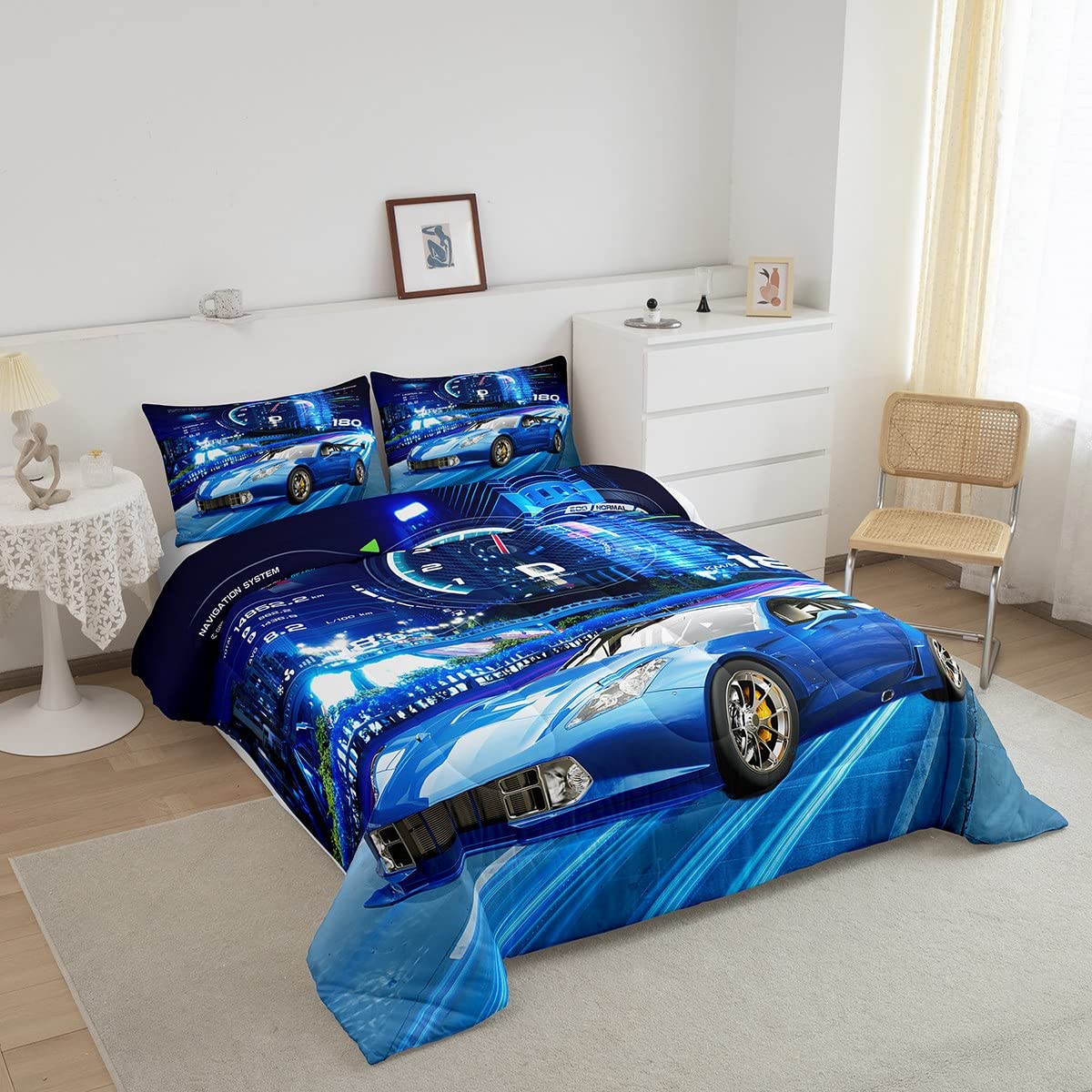 Feelyou Boys Race Car Down Duvet Cool Sports Car Comforter Set For Kids Boys Girls Extreme Sports Bedding Set Blue Automobile Ca