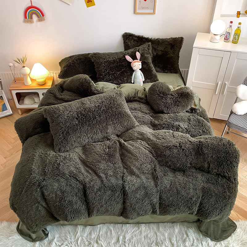 chovy Faux Fur Plush Blackish Gree Comforter Sets Queen - Ultra Soft Shaggy Flannel Velvet Fluffy Fuzzy 3PC Bedding Set (Comfort