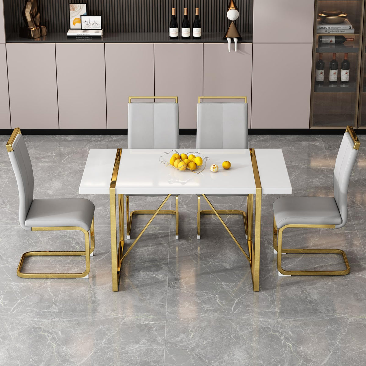 Ebullient White Dining Table Set For 4,Rectangular Mdf Dining Table And Dark Grey Faux Leather Dining Chairs, 5 Piece Dining Tab