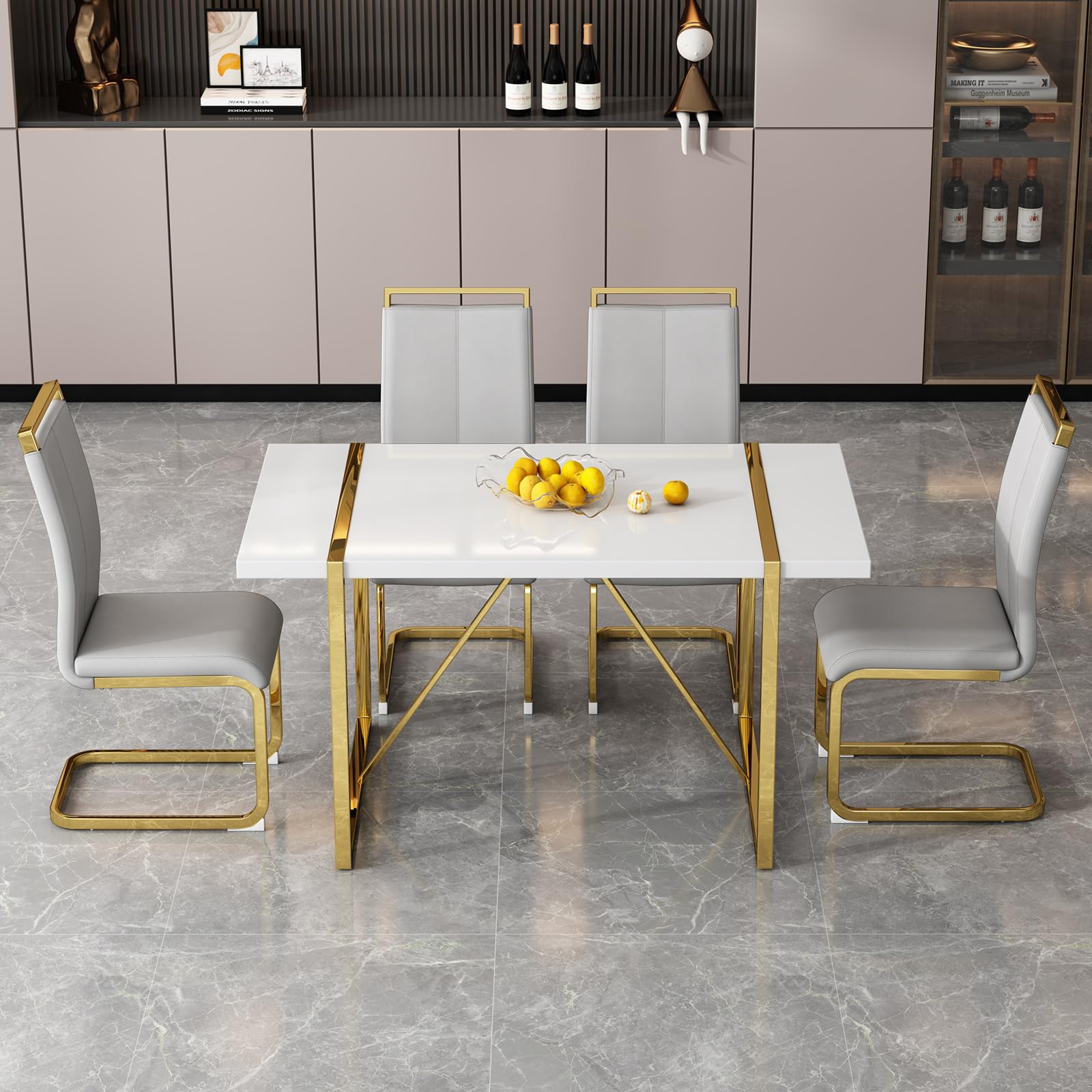 Ebullient White Dining Table Set For 4,Rectangular Mdf Dining Table And Dark Grey Faux Leather Dining Chairs, 5 Piece Dining Tab