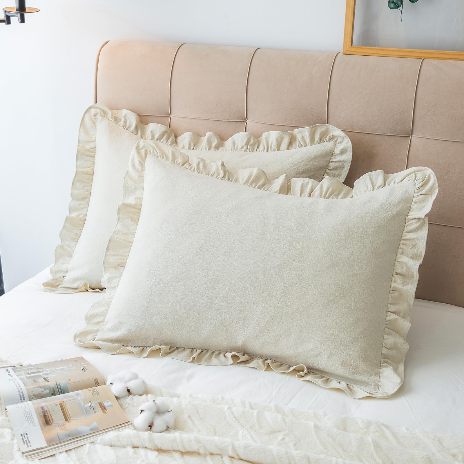 Pillow Shams Set Of 2 Linen-Cotton Jacquard Fabric And Washed 100% Cotton Retro Ruffle Flounces Trim Solid Beige Decorative Pill