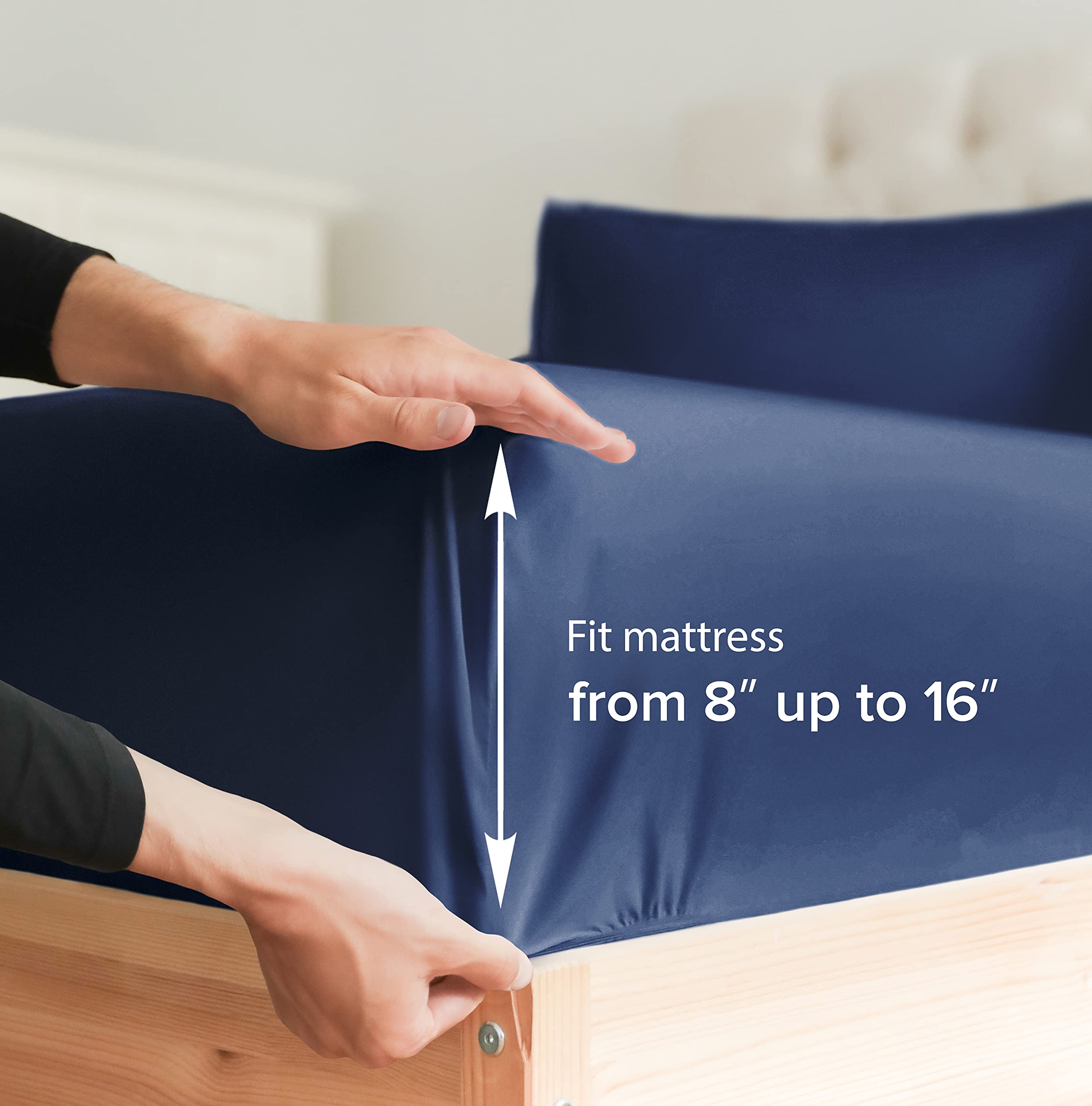 Full Fitted Bed Sheet - Hotel Luxury & Cooling Single Fitted Sheet Only - Easily Fits Mattress Up To 16 Inches Perfectly - Soft, Wrinkle Free, Breathable & Comfy Navy Blue Single Fitted Bed Sheet