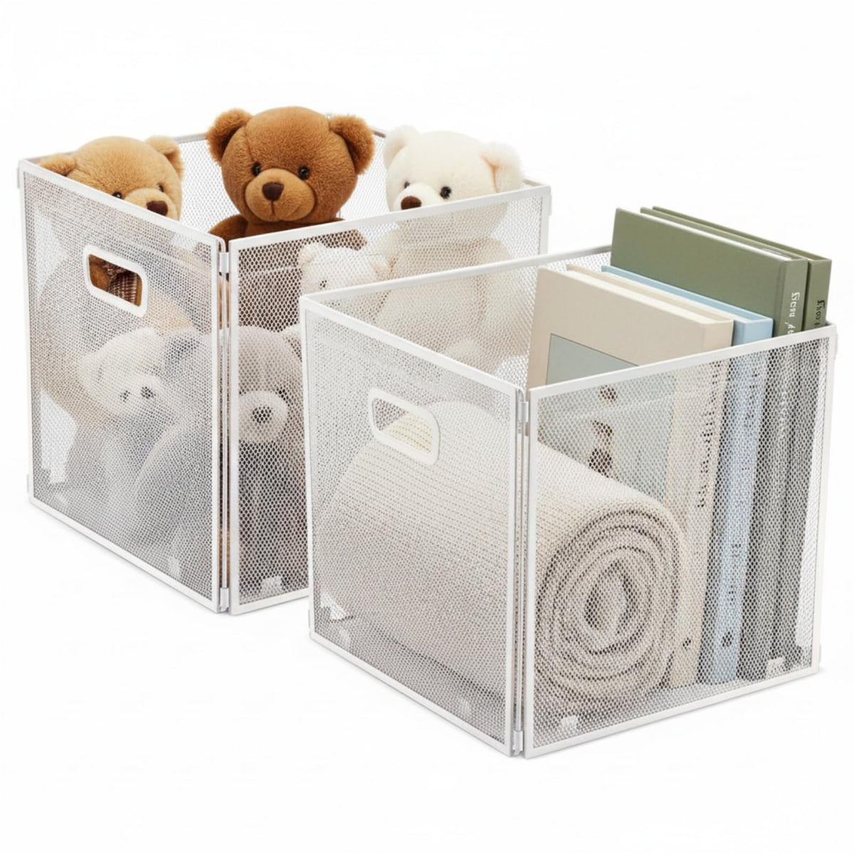 Funnymoom 2 Pcs White Foldable Metal Wire Basket with Handles 13 x 13 Inch