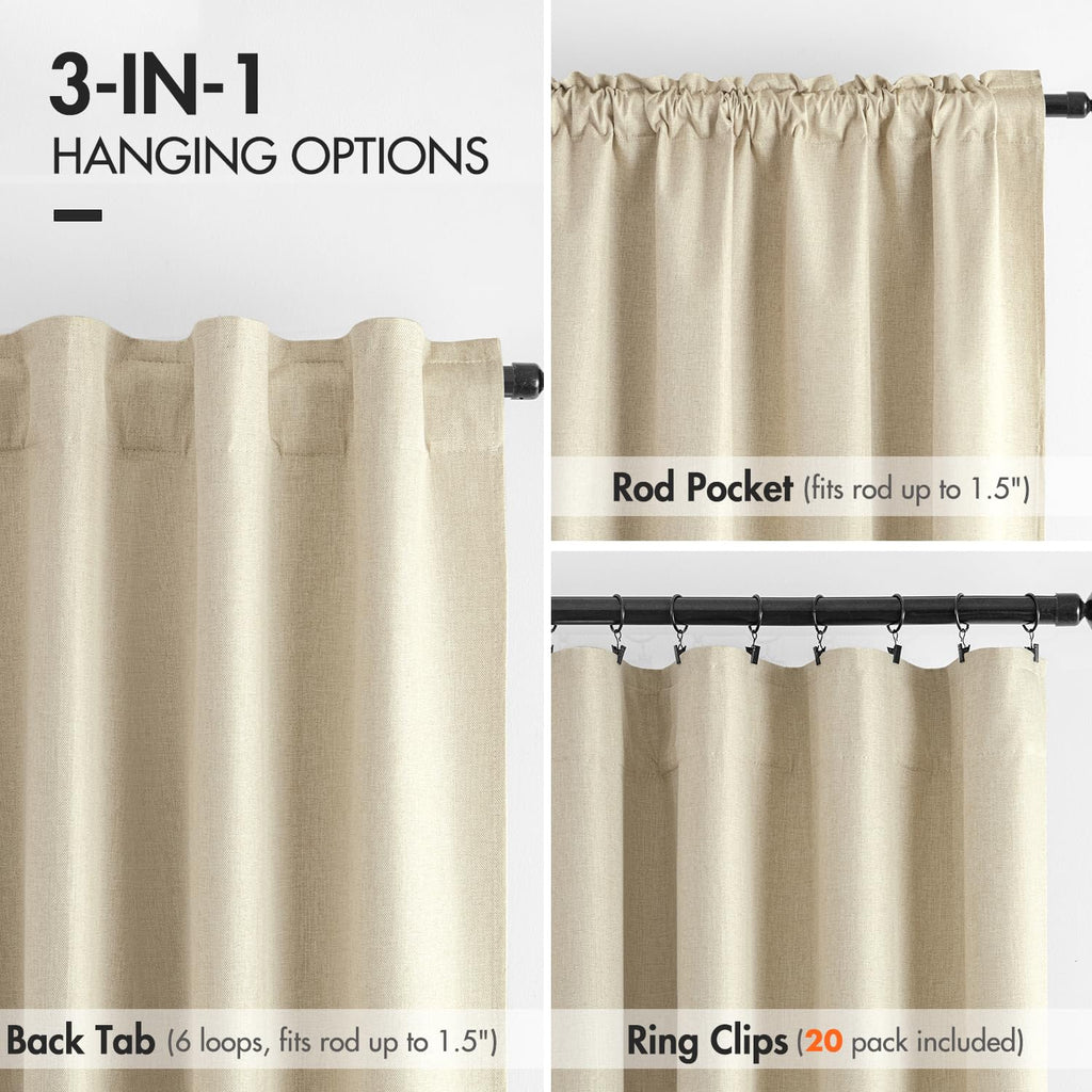 Miulee 100% Blackout Linen Curtains 108 Inches Long 2 Panels Back Tab Bedroom Drapes Living Room Black Out Window Treatments Thermal Insulated Room Darkening Rod Pocket, Natural Cream Beige
