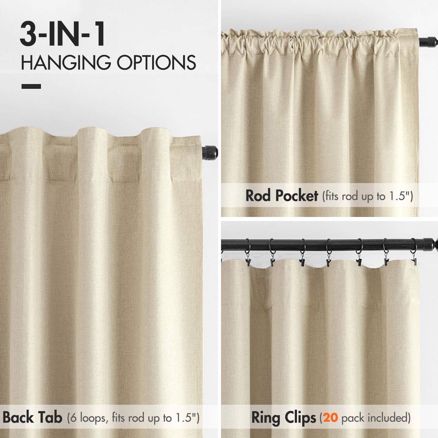 Miulee 100% Blackout Curtains 90 Inches Long, Curtains & Drapes For Bedroom Back Tab Black Out Window Treatments Thermal Insulated Room Darkening Rod Pocket, Natural Cream Beige, 2 Panels