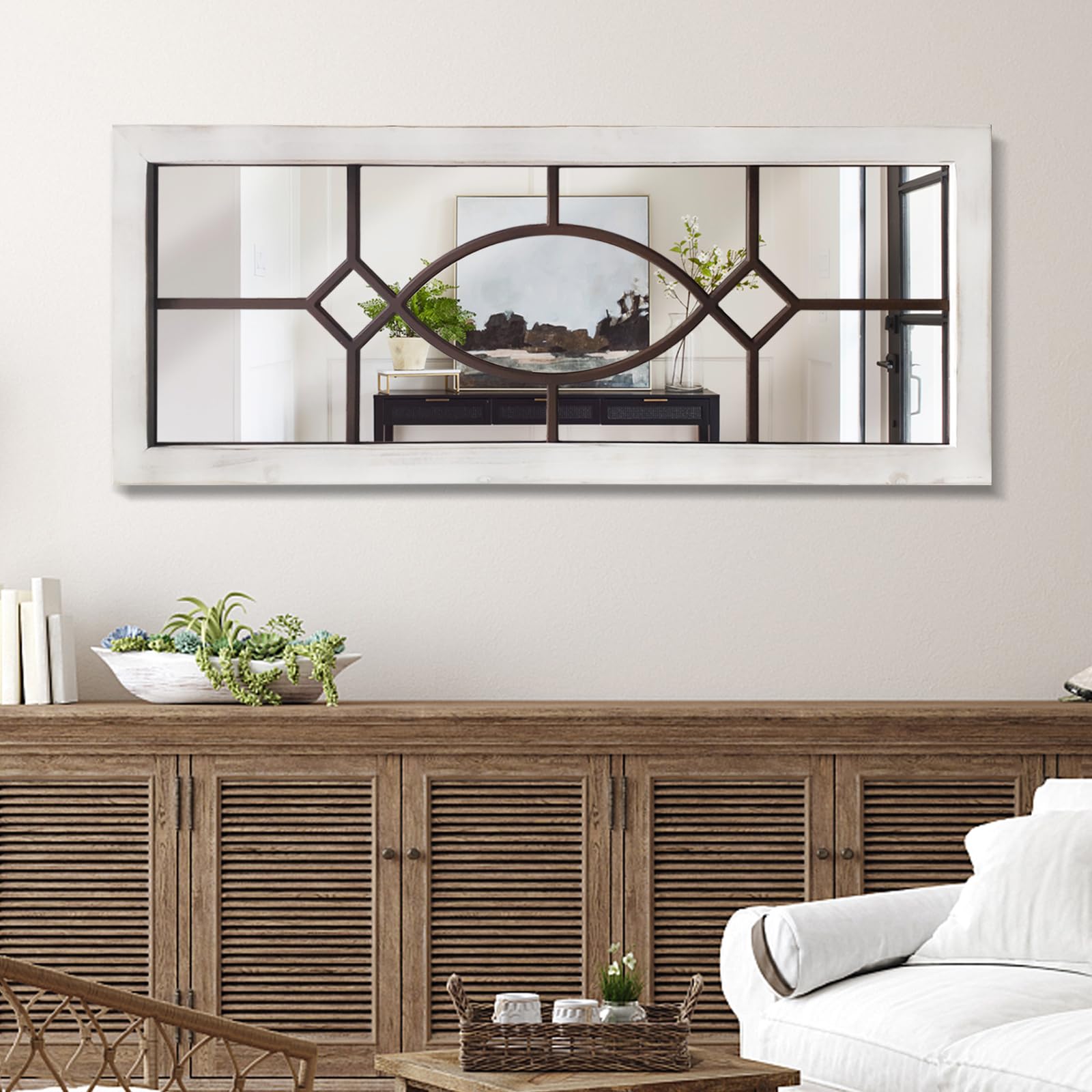TopCity Farmhouse Mirror for Wall Decor 43.3 x 17.7 Large Rustic Mirror Wooden Decorative Wall Mirror for Living Room, Bedroom, 