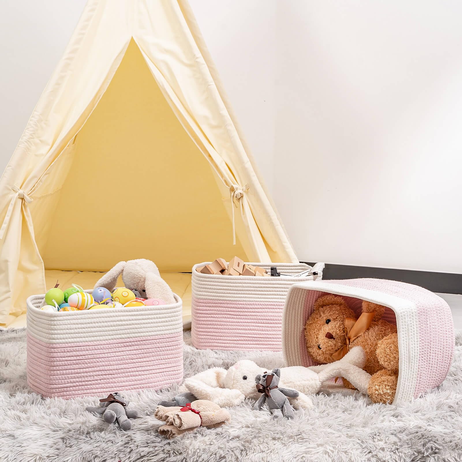 Kriitools Pink Girls Baby Nursery Rope Toys Baskets , Decorative Woven Storage Baskets For Gift, Cubes Storage Organizer Baskets