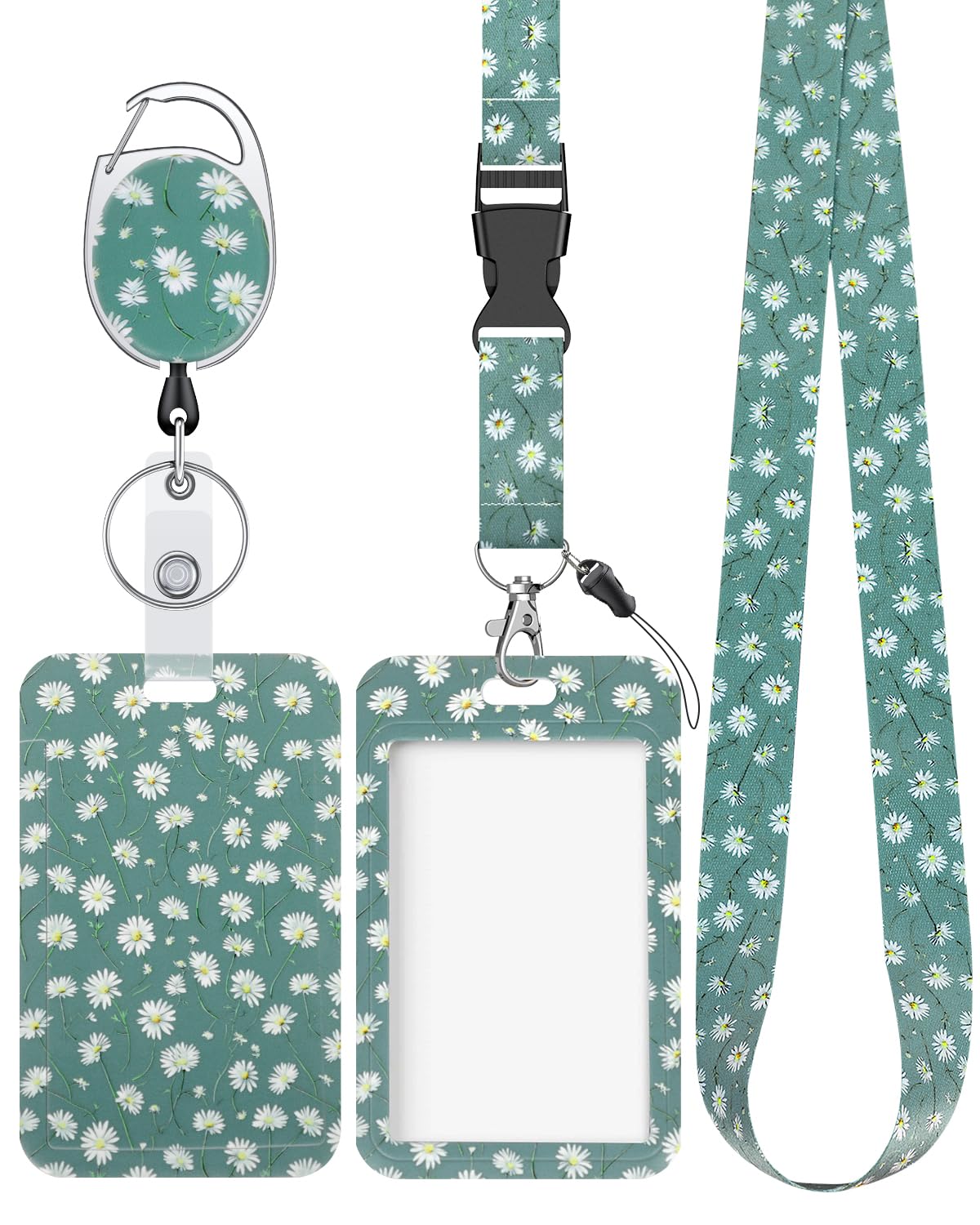 Uniclife Floral Sliding Badge Holder White Daisy Plastic Case With Retractable Badge Reel Carabiner Clip & Detachable Lanyard St