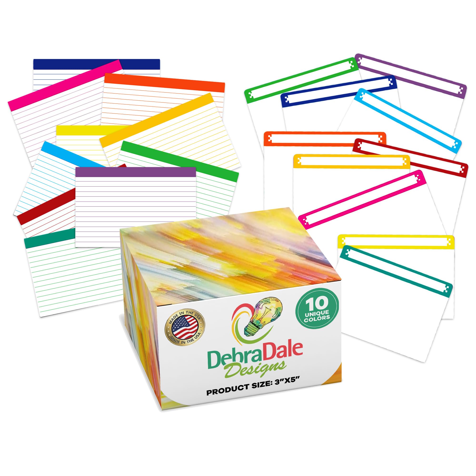 Debra Dale Designs Made In Usa 350 Color Bar Ruled Index Cards, Matching Color-Coded Dividers, And Storage Box On Standard 110#
