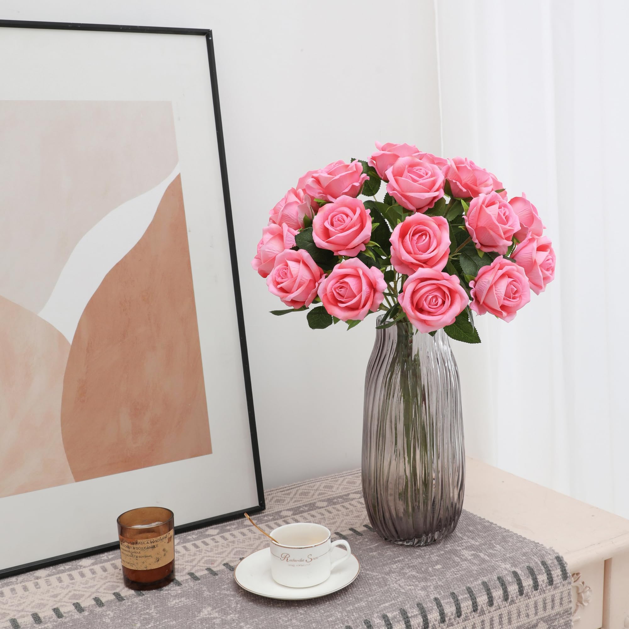 Fake Roses Artificial Silk Flowers - 12 Pcs Pink Roses Artificial Faux Flowers With Stems For Home Wedding Centerpiece Hotel Off