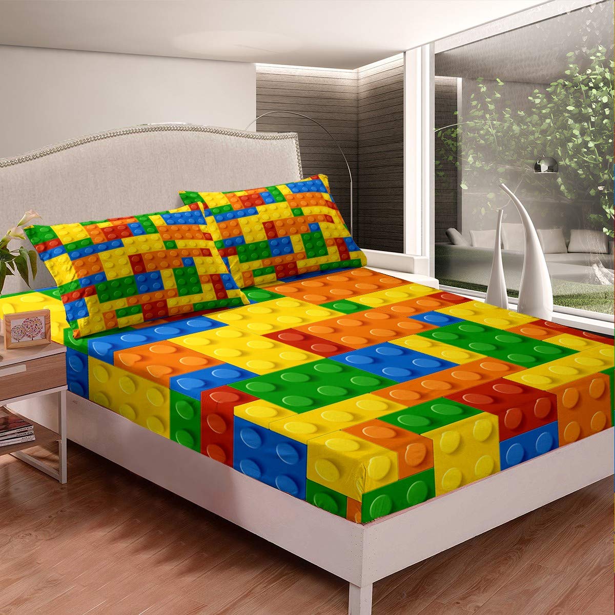 Kids Games Bed Sheet Set For Child Bedroom Color Building Blocks Fitted Sheet For Boys Girls Gift Toy Brick Bedding Set Nursery
