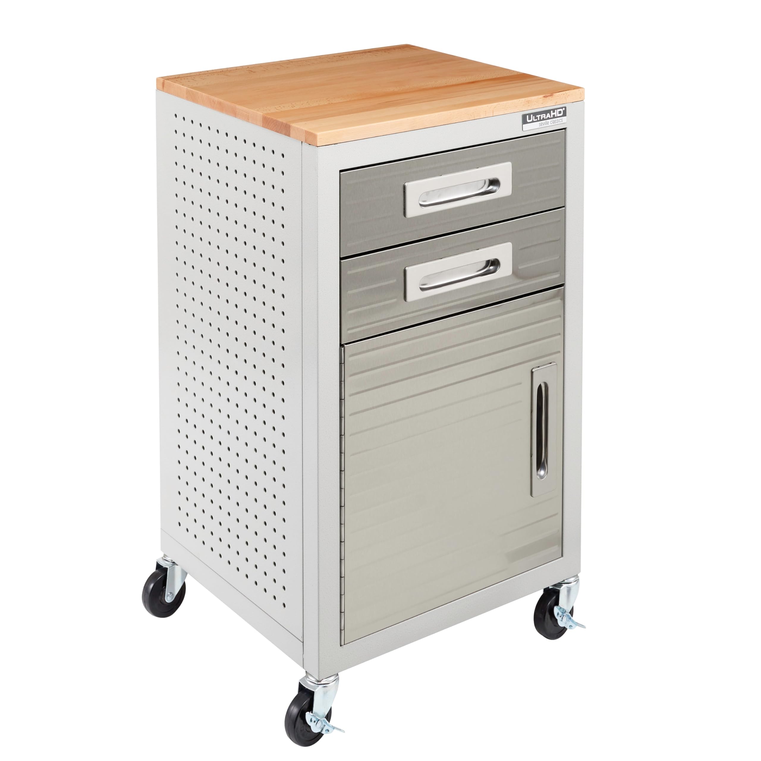 Seville Classics UltraHD Heavy Duty Rolling Cabinet Workbench Table w/Solid Wood Top Workstation for Garage, Warehouse, Office, 