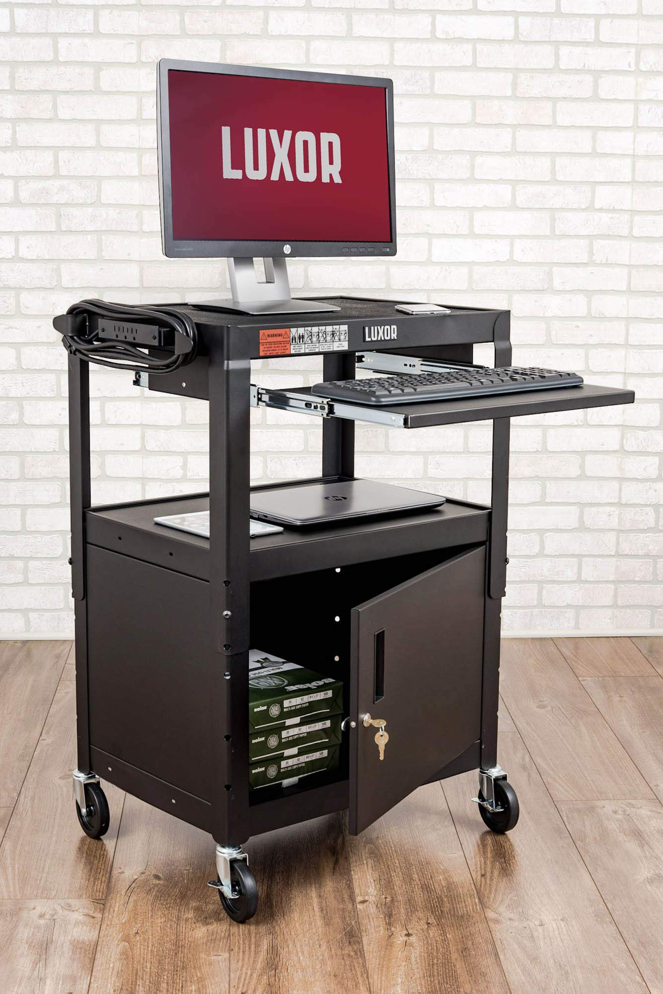 LUXOR AVJ42KBC Adjustable Steel A/V Cart - Cabinet with Pullout Trays