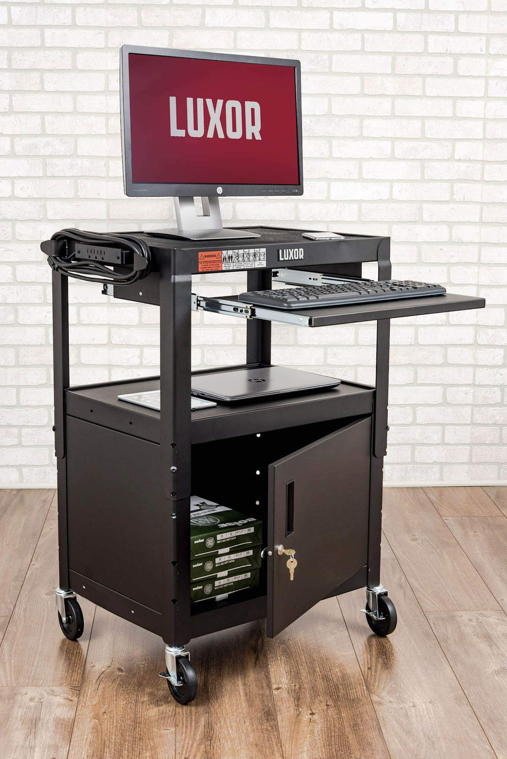 LUXOR AVJ42KBC Adjustable Steel A/V Cart - Cabinet with Pullout Trays