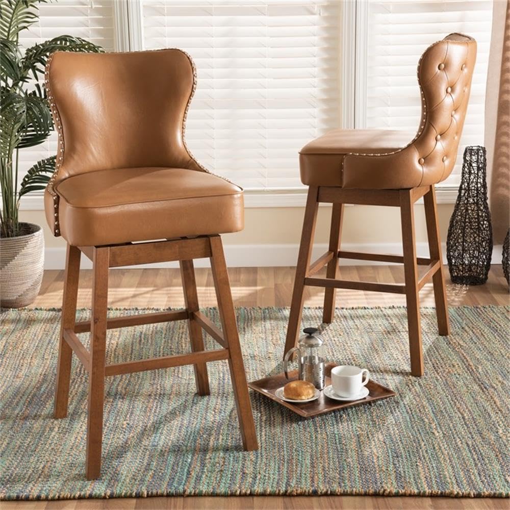Baxton Studio Gradisca Modern and Contemporary Tan Faux Leather Upholstered and Walnut Brown Finished Wood 2-Piece Swivel Bar Stool Set
