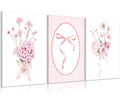 3Pcs Pink Nursery Flower Canvas Wall Art Floral Bow Wall Decor Cute Botanical Flower Pictures Coquette Aesthetic Poster Prints G