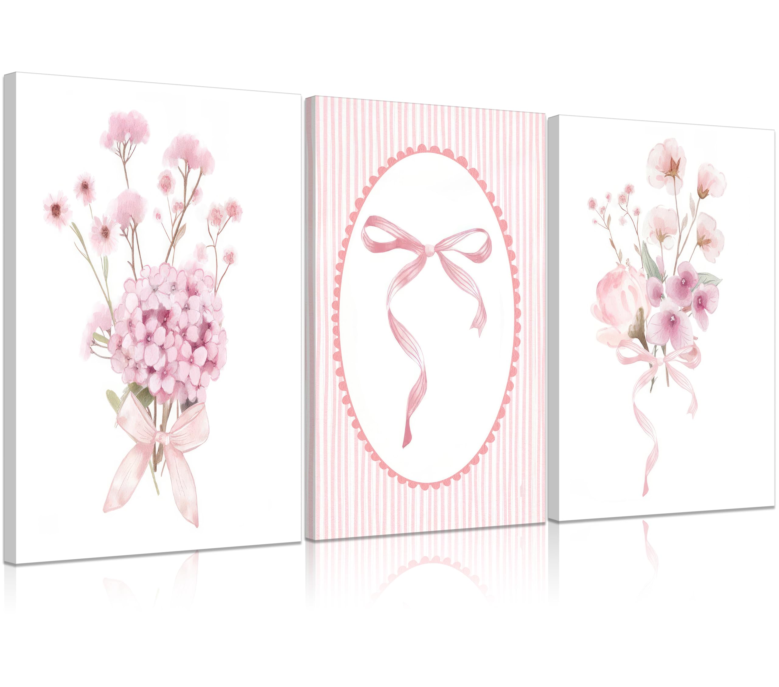 3Pcs Pink Nursery Flower Canvas Wall Art Floral Bow Wall Decor Cute Botanical Flower Pictures Coquette Aesthetic Poster Prints G