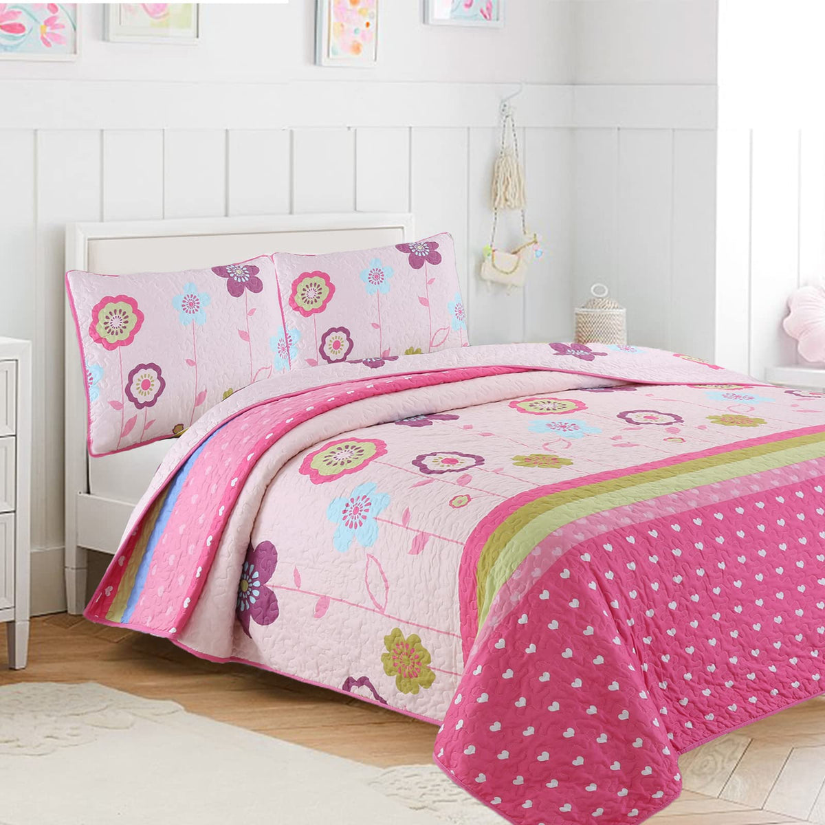 Cozy Line Home Fashions Pink Little Heart Floral Microfiber Reversible Girls Coverlet Bedspread Quilt Set, Bedspread, Coverlet (