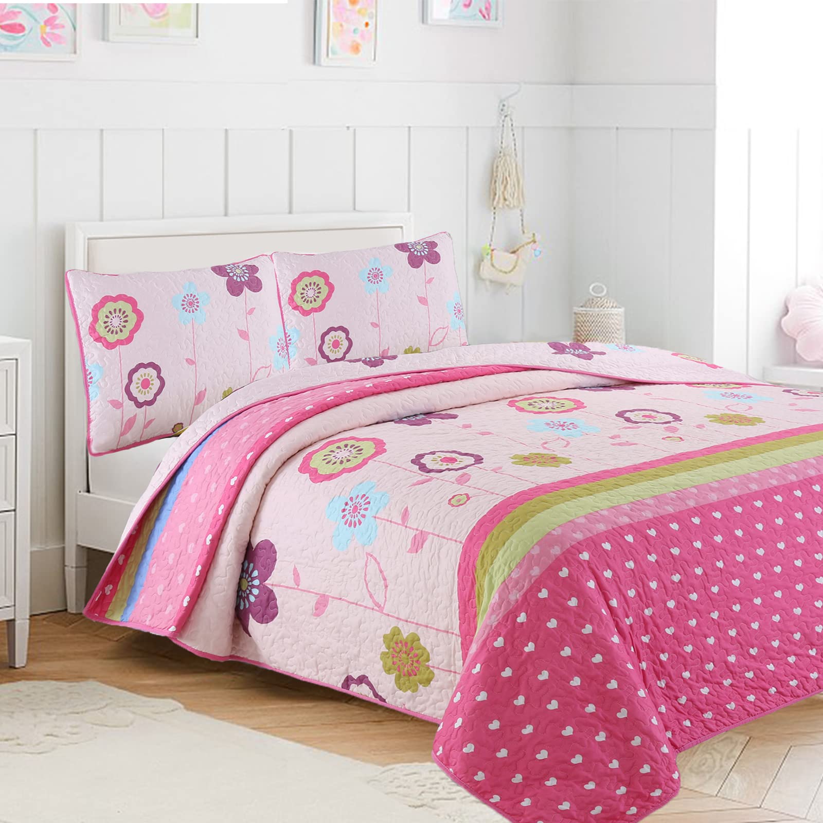 Cozy Line Home Fashions Pink Little Heart Floral Microfiber Reversible Girls Coverlet Bedspread Quilt Set, Bedspread, Coverlet (
