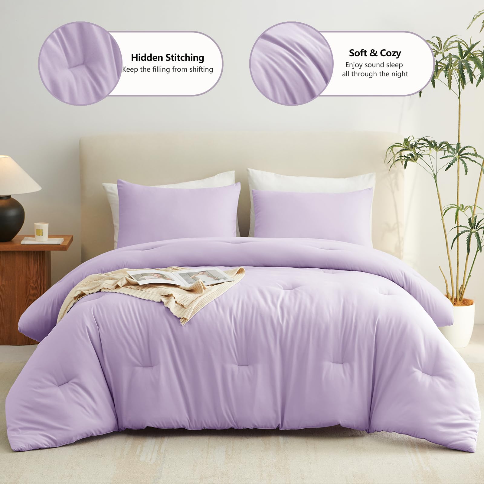 Cozylux Lavender Purple Comforter Set Full Size, 3 Pieces Solid Breathable Quilted Boho Style Bedding Sets, Luxury Fluffy Soft Microfiber Comforter For All Season(1 Comforter & 2 Pillowcases)