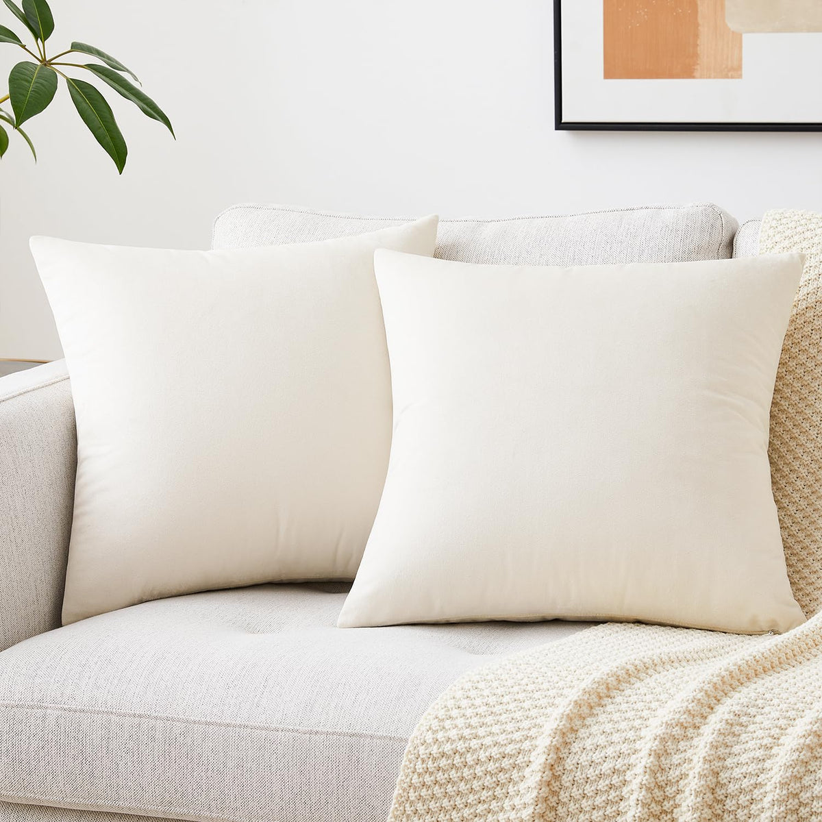 Mixhug Decorative Throw Pillow Covers, Velvet Cushion Covers, Solid Throw Pillow Cases For Couch And Bed, Cream, 22 X 22 Inches,