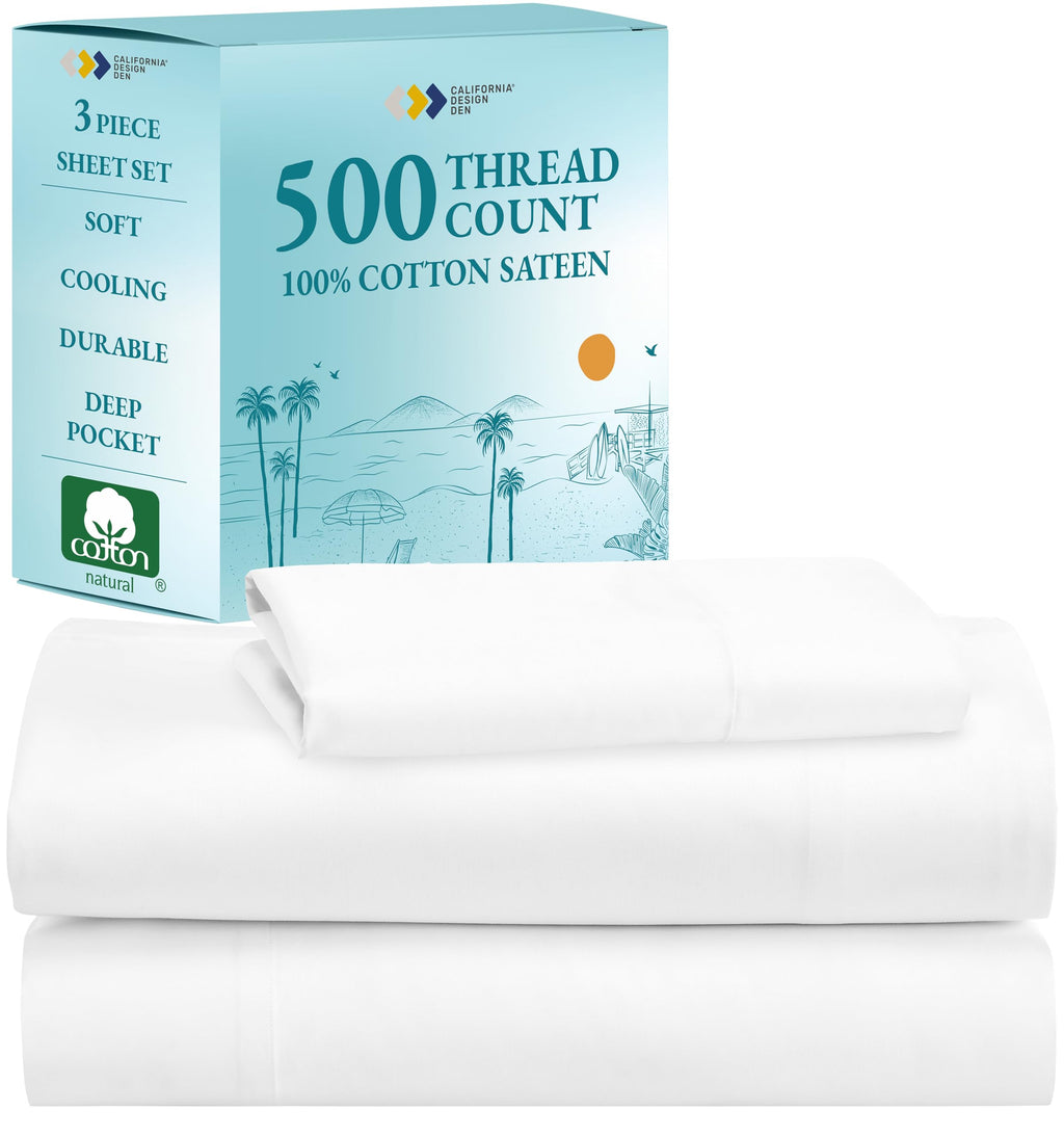 California Design Den Twin Size Sheet Set - 100% Cotton 500 Thread Count, Cooling Deep Pocket Bed Sheets With Fitted Elastic She