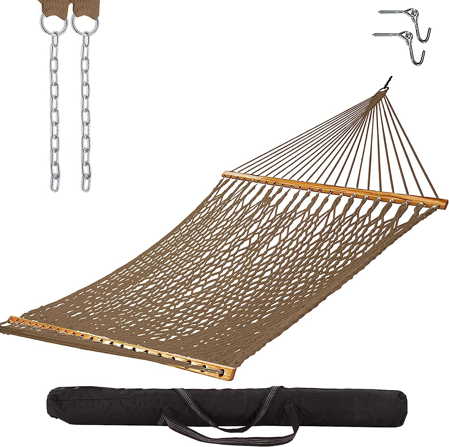 Castaway Living 13 Ft. Double Traditional Hand Woven Antique Brown Polyester Rope Hammock With Free Extension Chains,Tree Hooks