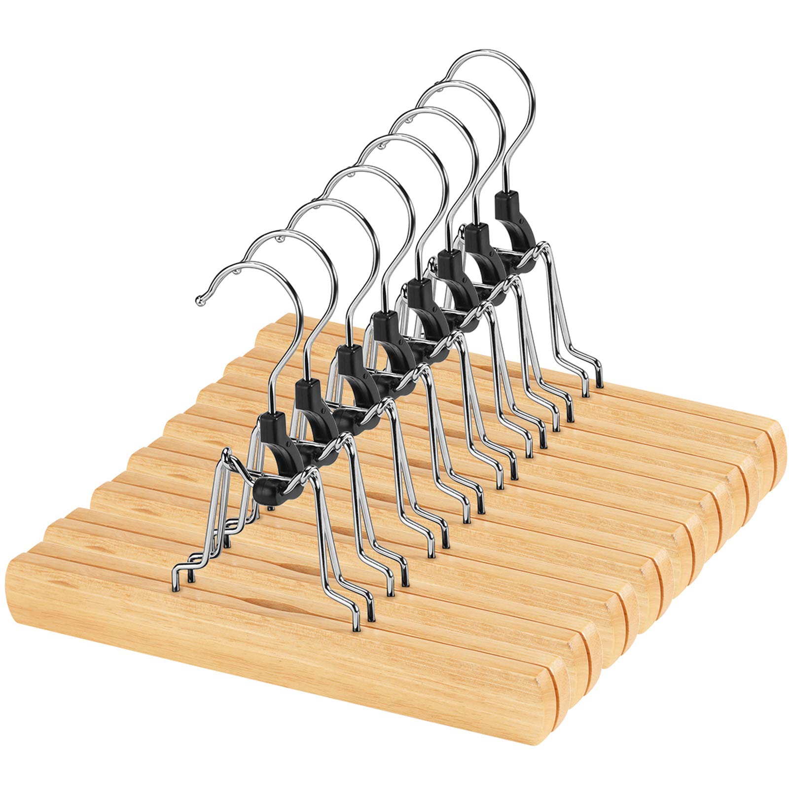 AMKUFO 12 Pack Natural Wooden Pants Hangers with Clips Non Slip Skirt Hangers Trouser Clamp Hanger Solid Wood Hanger with 360 Sw