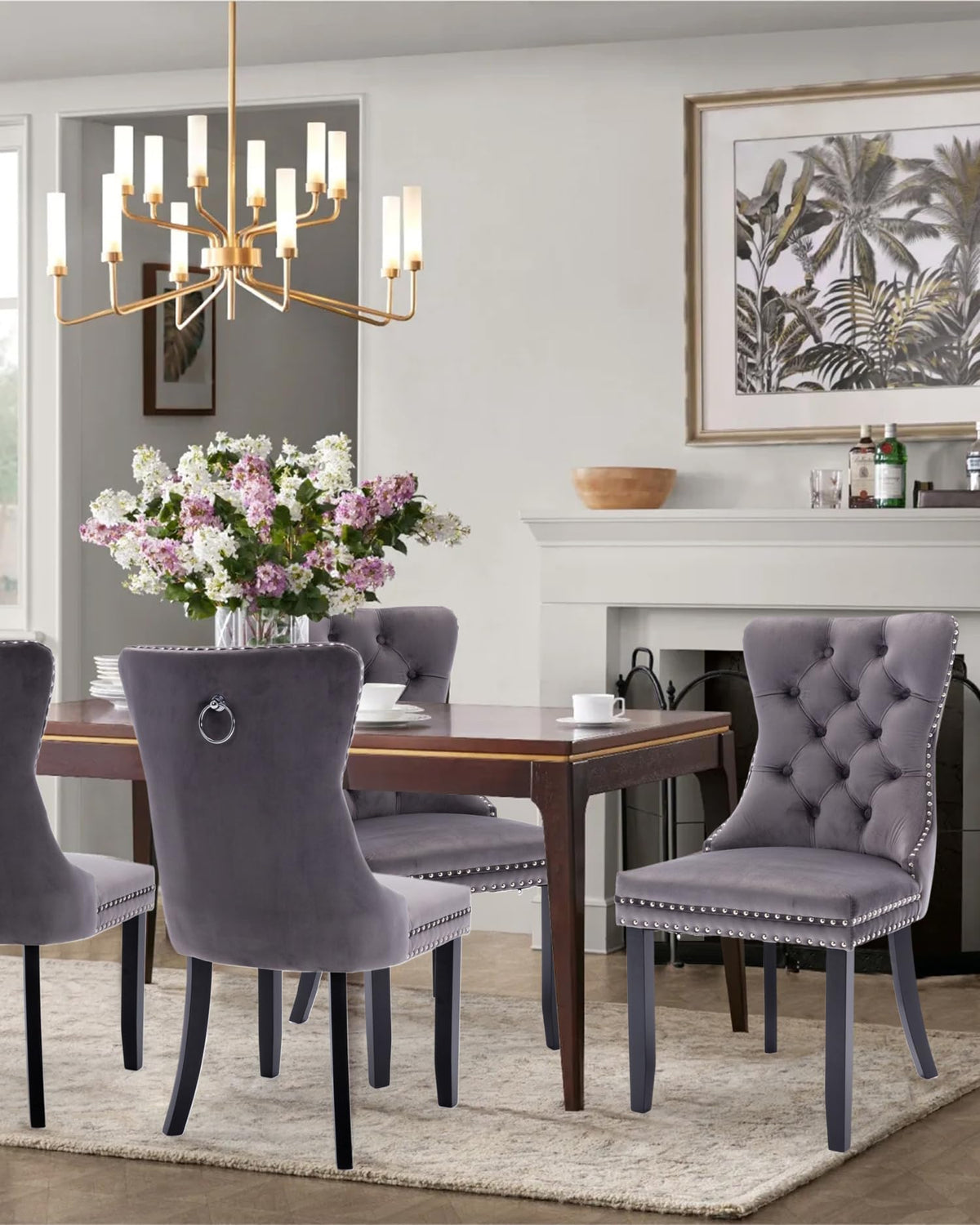 Vicbarley Velvet Dining Chair Set Of 4 Upholstered Tufted Dining Room Chair With Nailhead Trim And Solid Wood Legs For Kitchen,