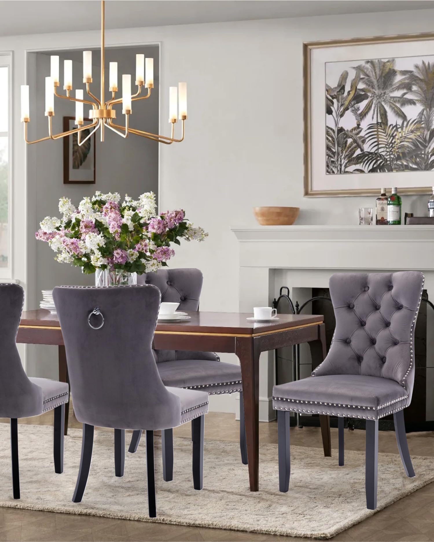 Vicbarley Velvet Dining Chair Set Of 4 Upholstered Tufted Dining Room Chair With Nailhead Trim And Solid Wood Legs For Kitchen,