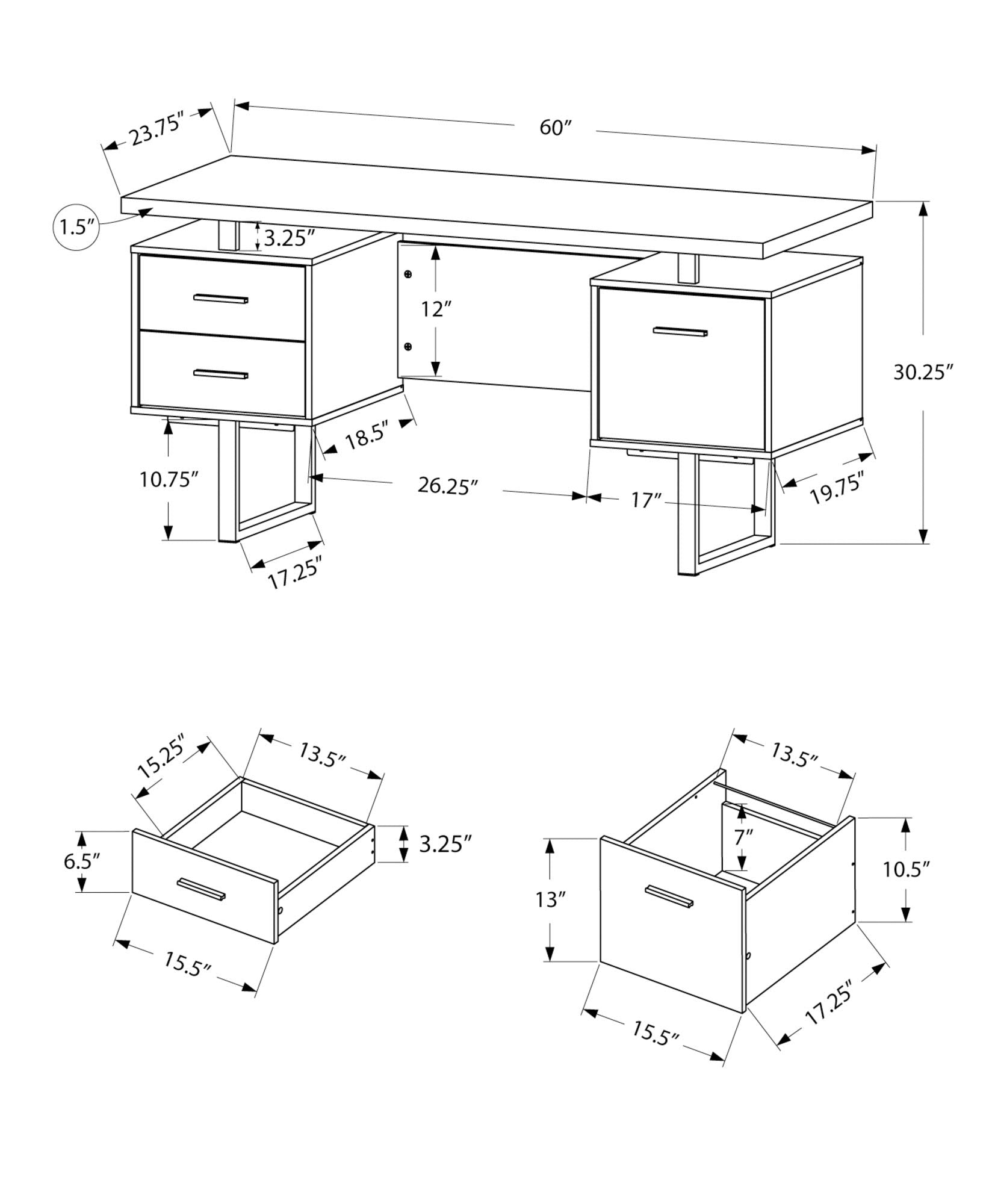 Monarch Specialties I 7633 Computer Desk, Home Office, Laptop, Left, Right Set-Up, Storage Drawers, 60&quot; L, Work, Metal, Laminate, Grey, White, Contemporary