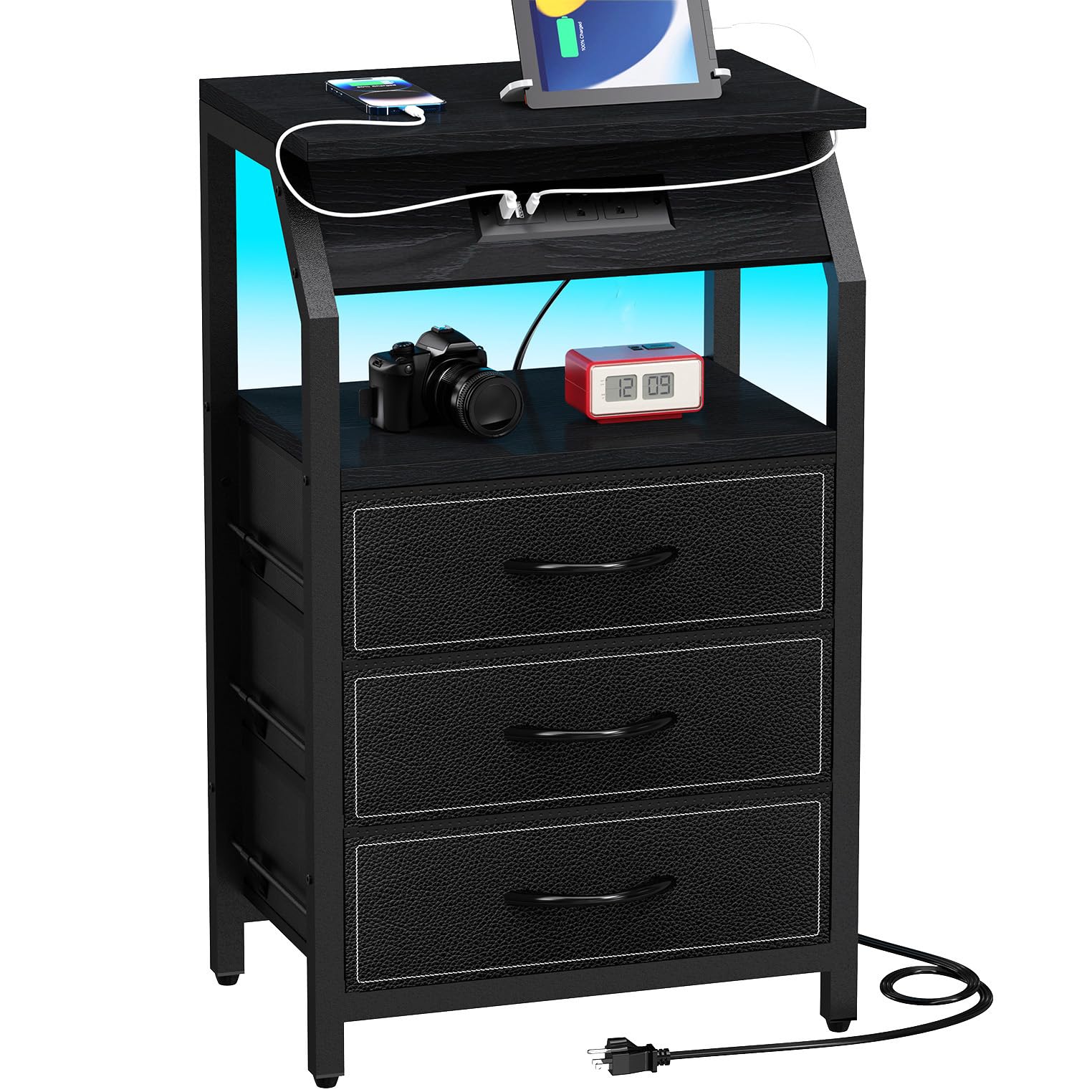 Szlhanjz End Table With 3 Drawers, Nightstand With Charging Station And Led Lights, Small Fabric Dresser For Bedside, Storage Side Table For Living Room Dorm, Black