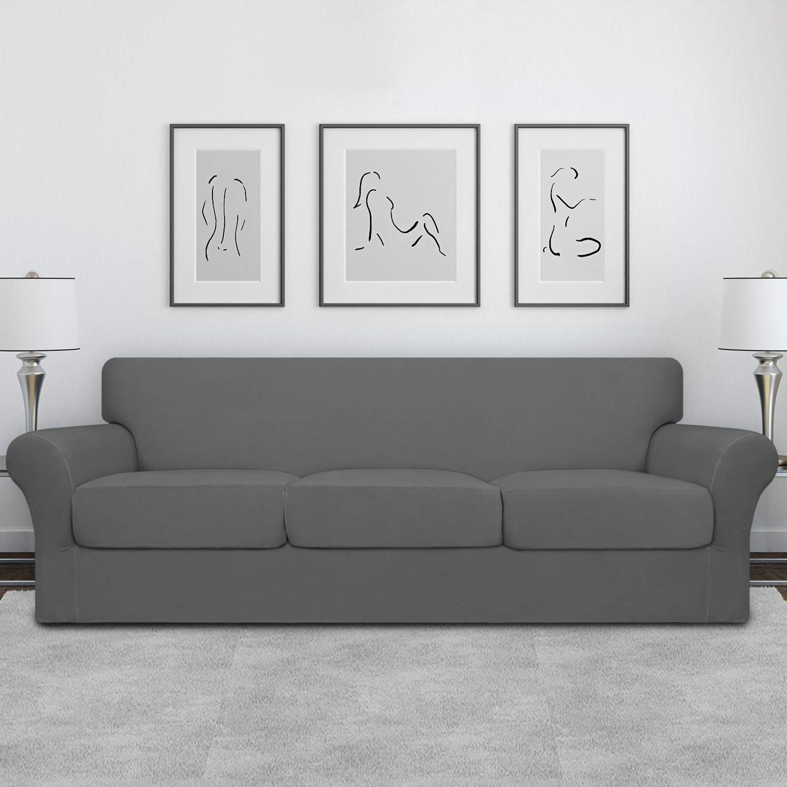 Easy-Going 4 Pieces Oversized Stretch Soft Couch Cover For Dogs - Washable Sofa Slipcover For 3 Separate Cushion Couch - Elastic Furniture Protector For Pets, Kids Grey