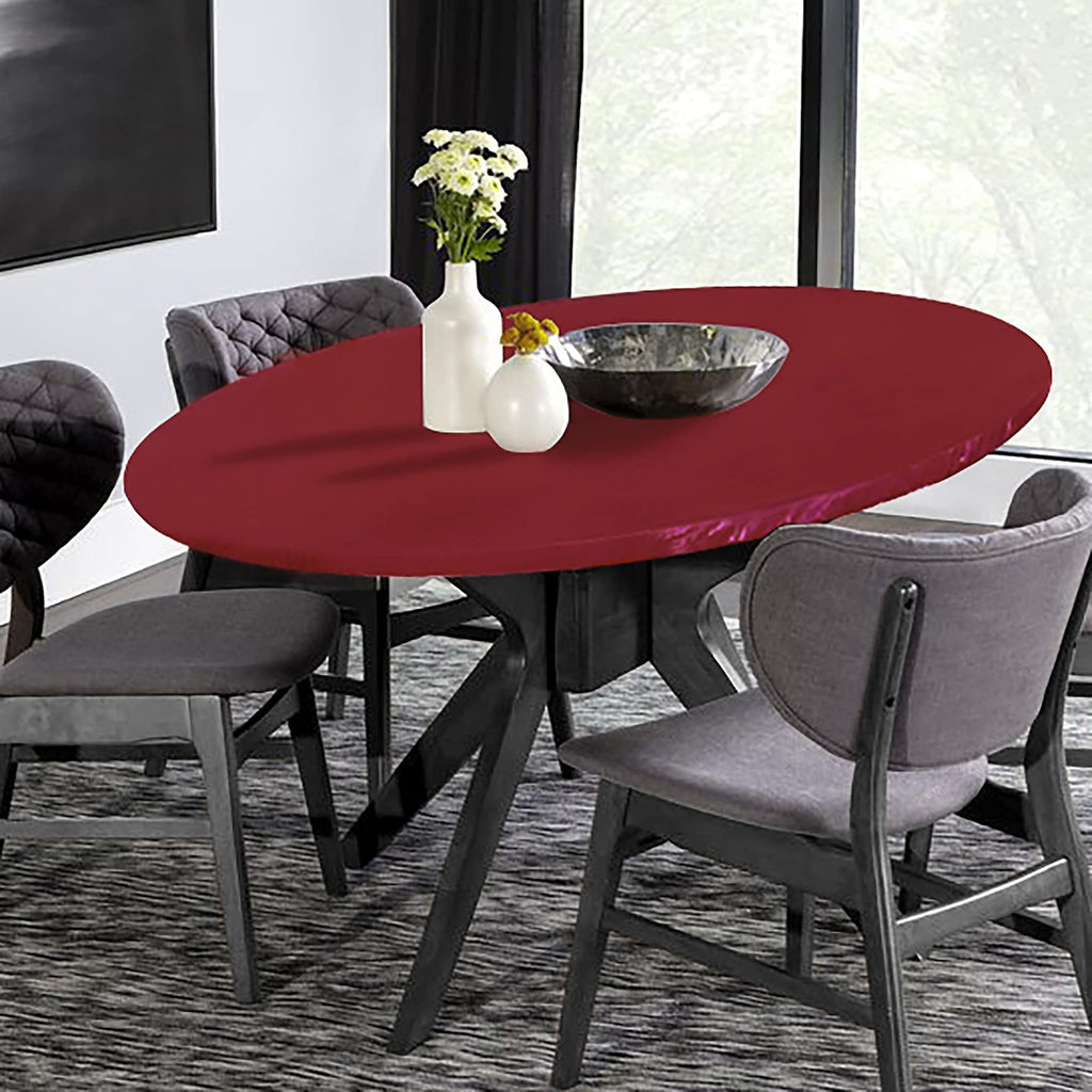 Lushvida Vinyl Fitted Table Cover Elastic Edged Plastic Table Cover… (Red, Best For Up To 45'-56' Round)