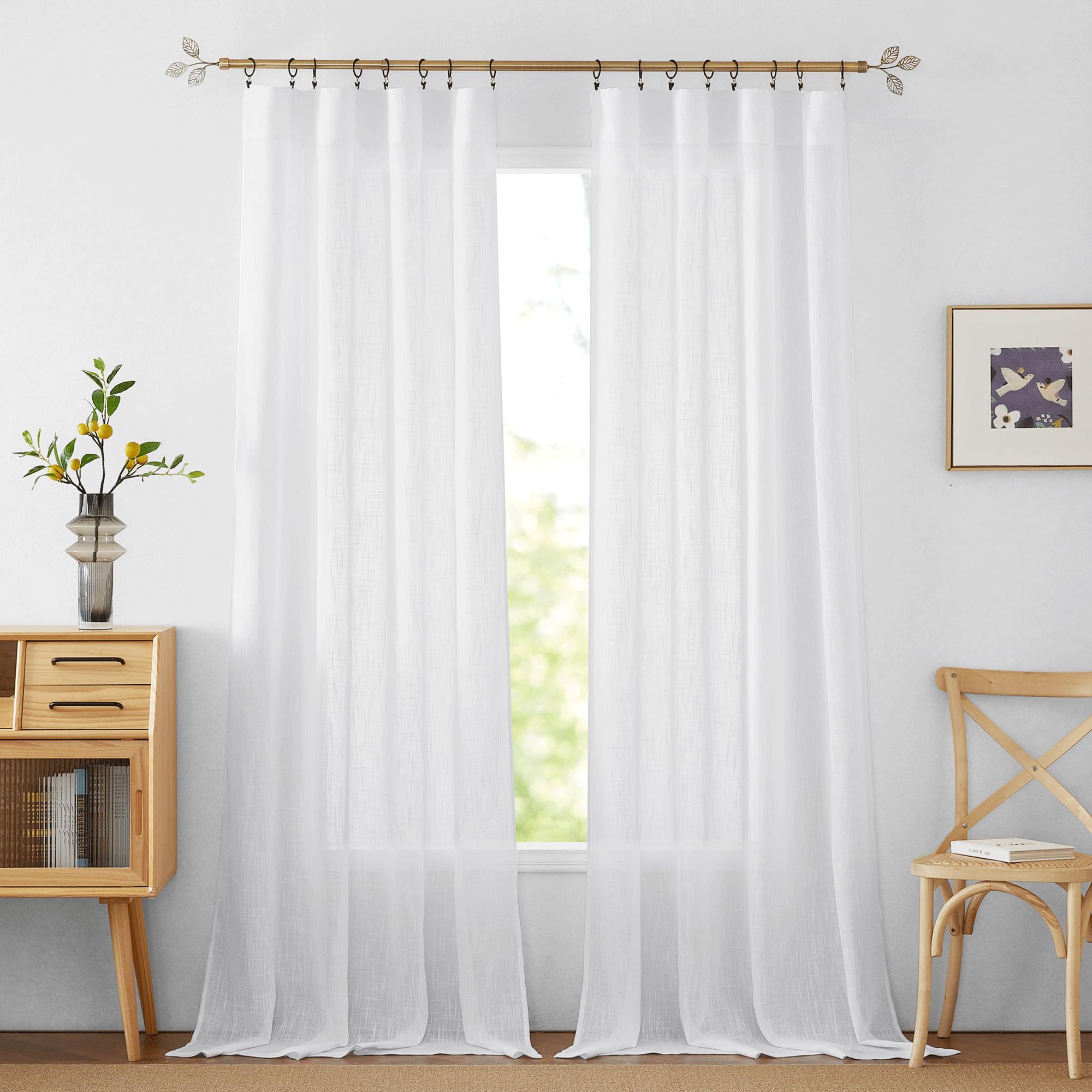 Ryb Home White Sheer Curtains, Extra 66 Inches Widith Rod Pocket Light Filtering Breathable Semi Sheer Curtains For Living Room,