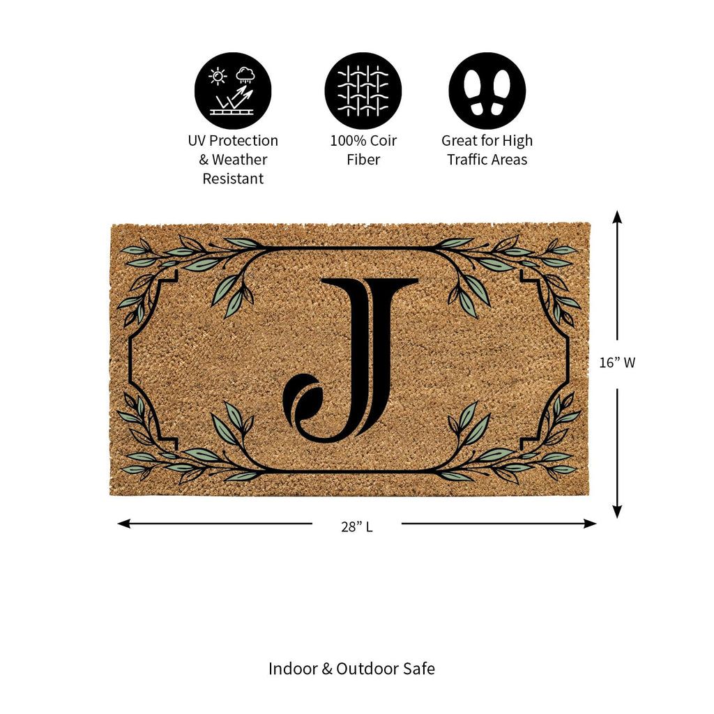 Evergreen Monogram Coir Doormat | Letter J | Front Door Mat For Outdoor Indoor Entrance | 28X16 Inches | Non-Slip Backing Doorwa