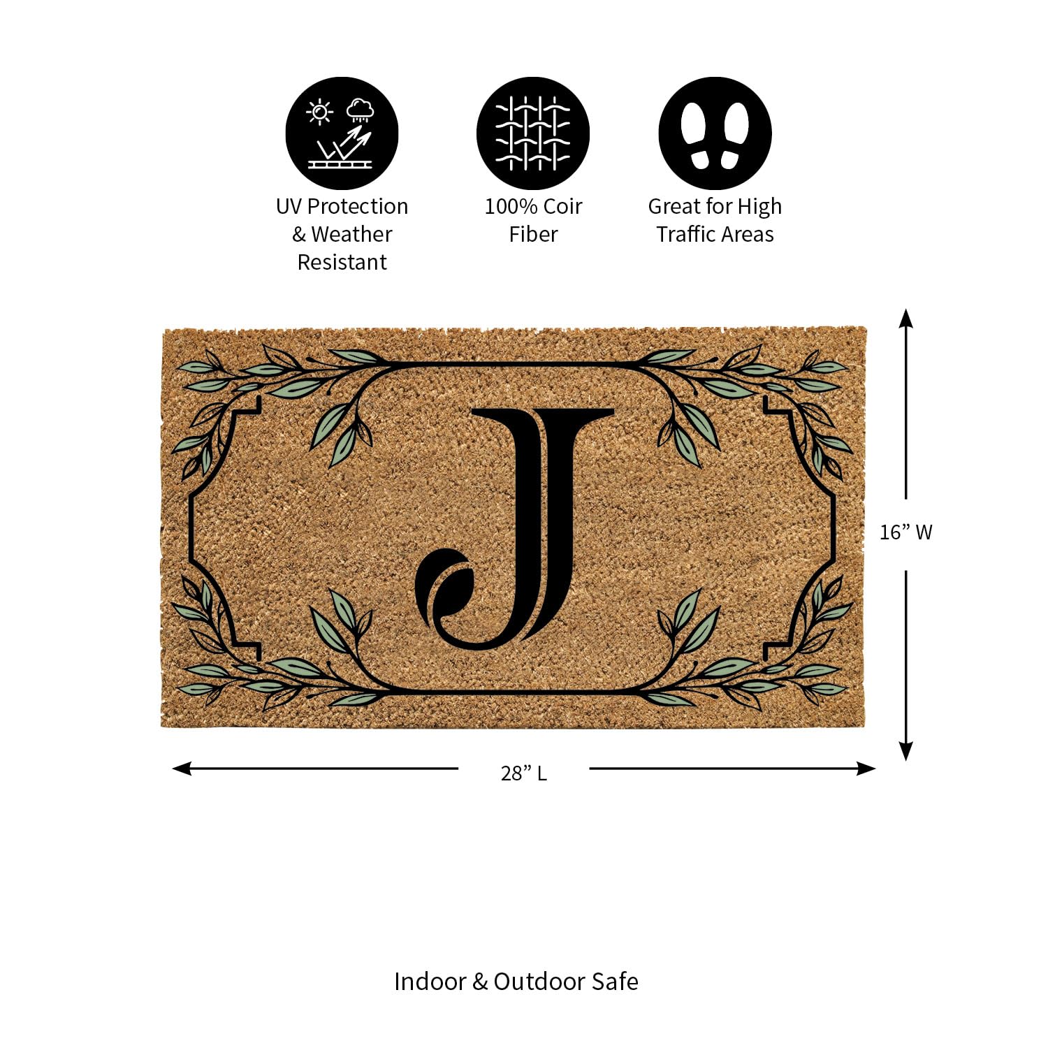 Evergreen Monogram Coir Doormat | Letter J | Front Door Mat For Outdoor Indoor Entrance | 28X16 Inches | Non-Slip Backing Doorwa