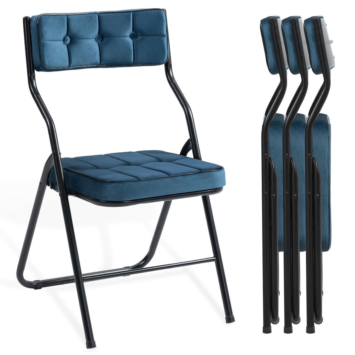 Homefun Padded Folding Chairs 4 Pack - Foldable Dining Chair With Cushion, Portable And Assembled Extra Seat For Guests Kitchen Office Wedding Party Bule