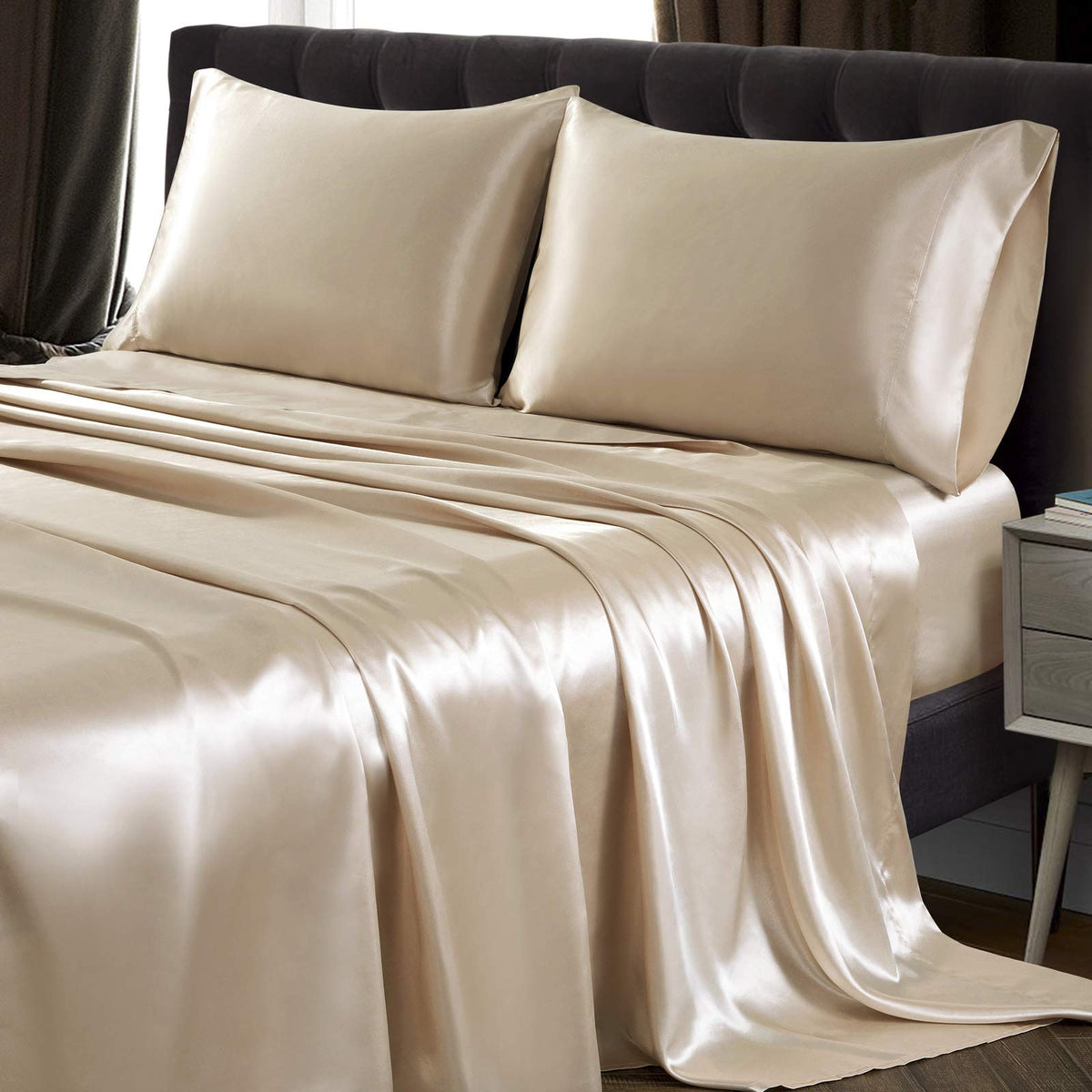 Siinvdabzx 4Pcs Extra Deep Pocket Satin Sheet Set Queen Size, Ultra Silky Soft Beige Satin Queen Bed Sheets Deep Fitted Sheet Se