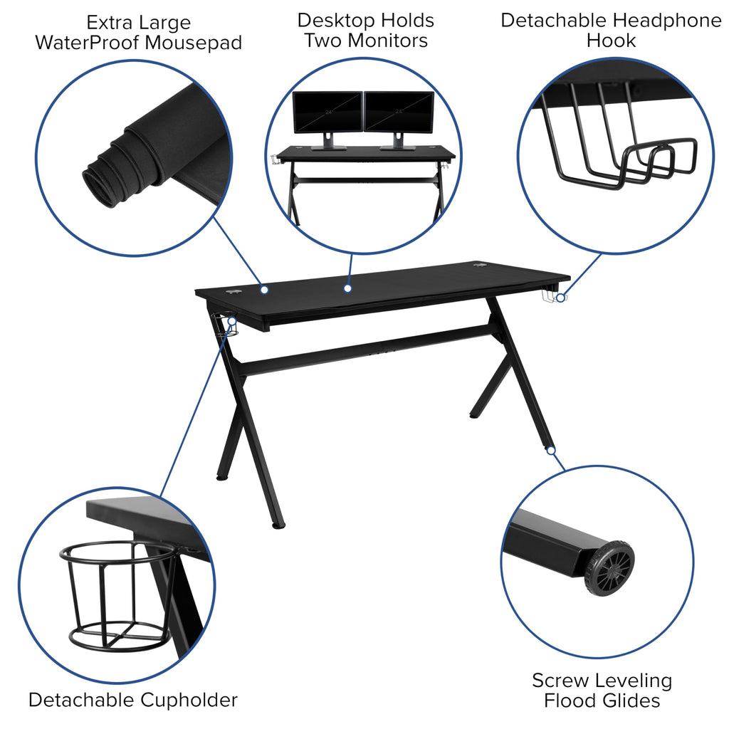 Flash Furniture Gaming Desk and Gray/Black Racing Chair Set/Cup Holder/Headphone Hook/Removable Mouse Pad Top - 2 Wire Management Holes