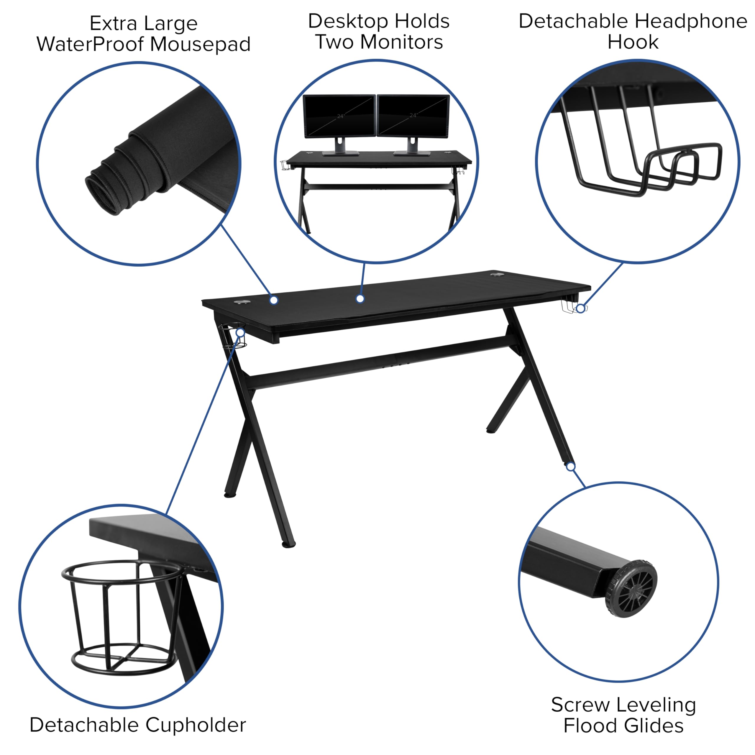 Flash Furniture Gaming Desk and Gray/Black Racing Chair Set/Cup Holder/Headphone Hook/Removable Mouse Pad Top - 2 Wire Management Holes