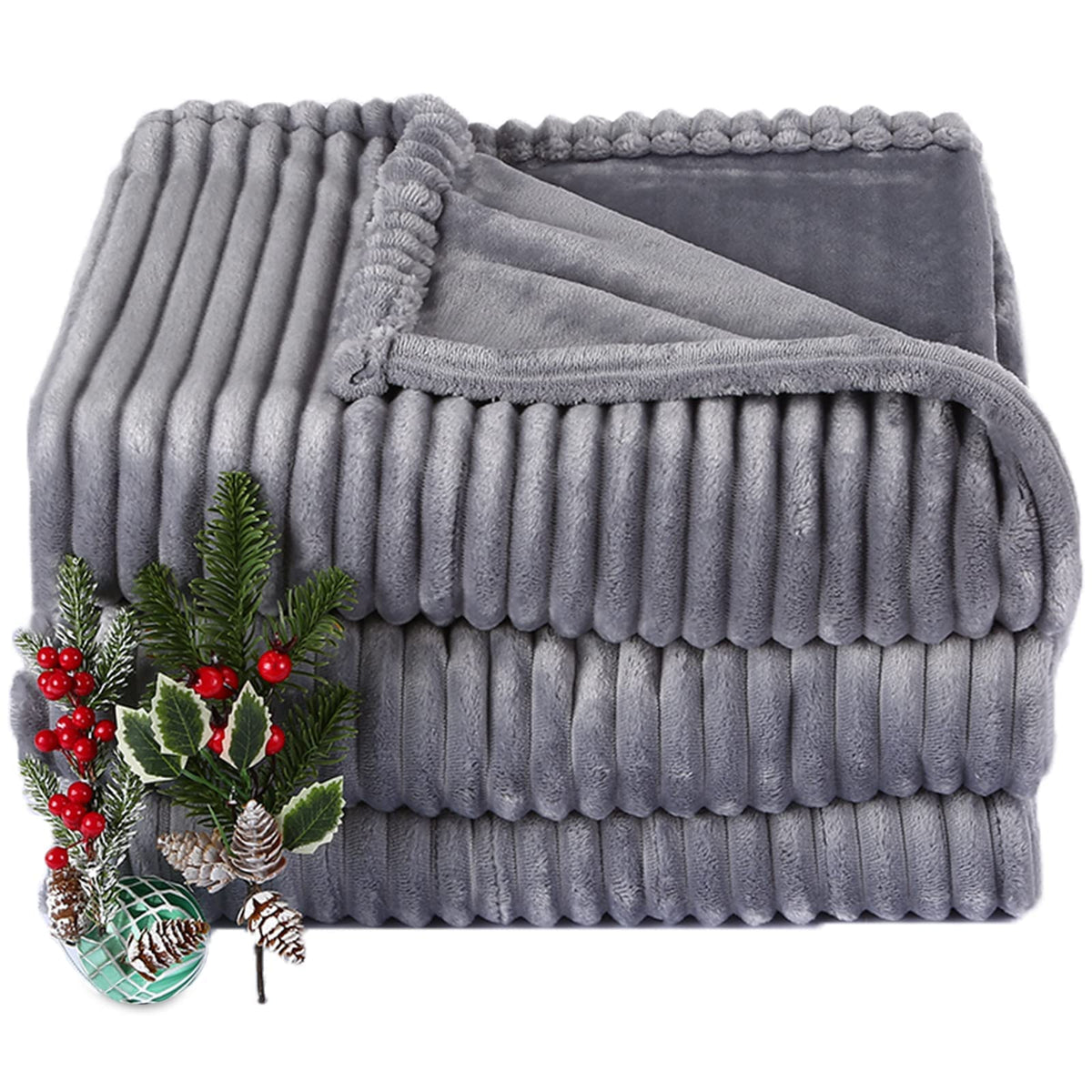 SUNNY HEAT 72''x84'' Full Size Heated Blanket, Striped Fabric Flannel with 1-12 Hours Timer Up & 10 Optional Heating Levels - Gr