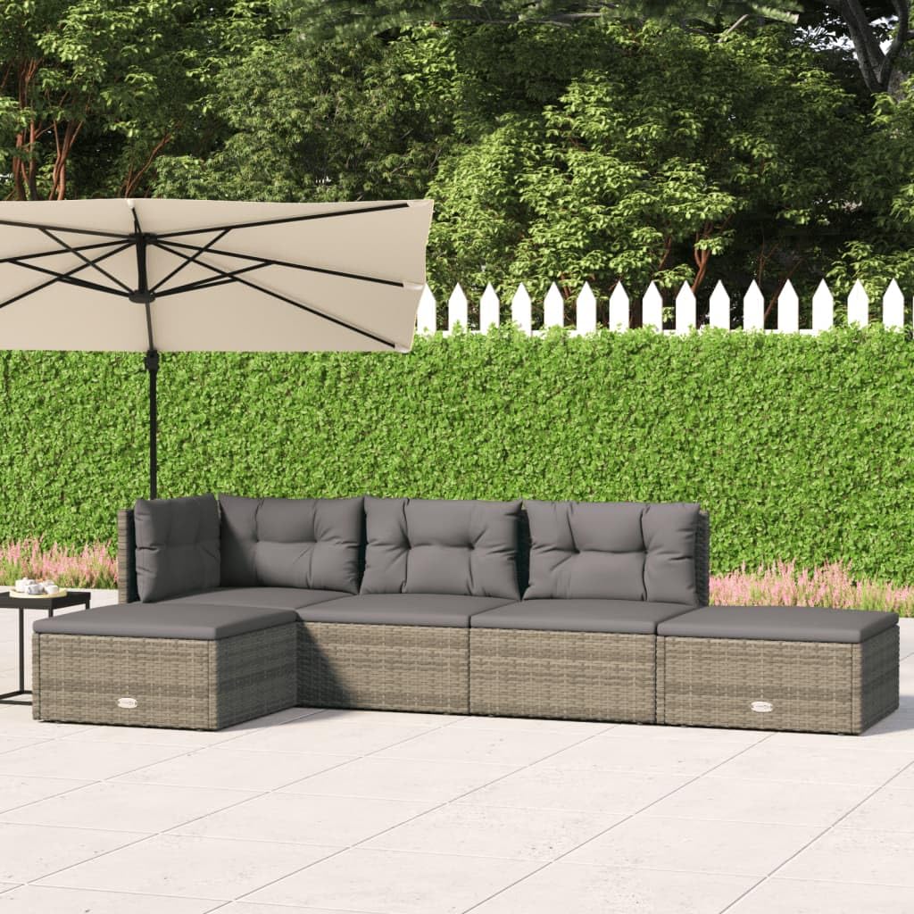 vidaXL 5-Piece Patio Lounge Set in Gray Poly Rattan - Weather Resistant, Powder-Coated Steel Frame, Adjustable Seating, Elegant Design, Includes 2 Sofas, 2 Footstools, and Cushions